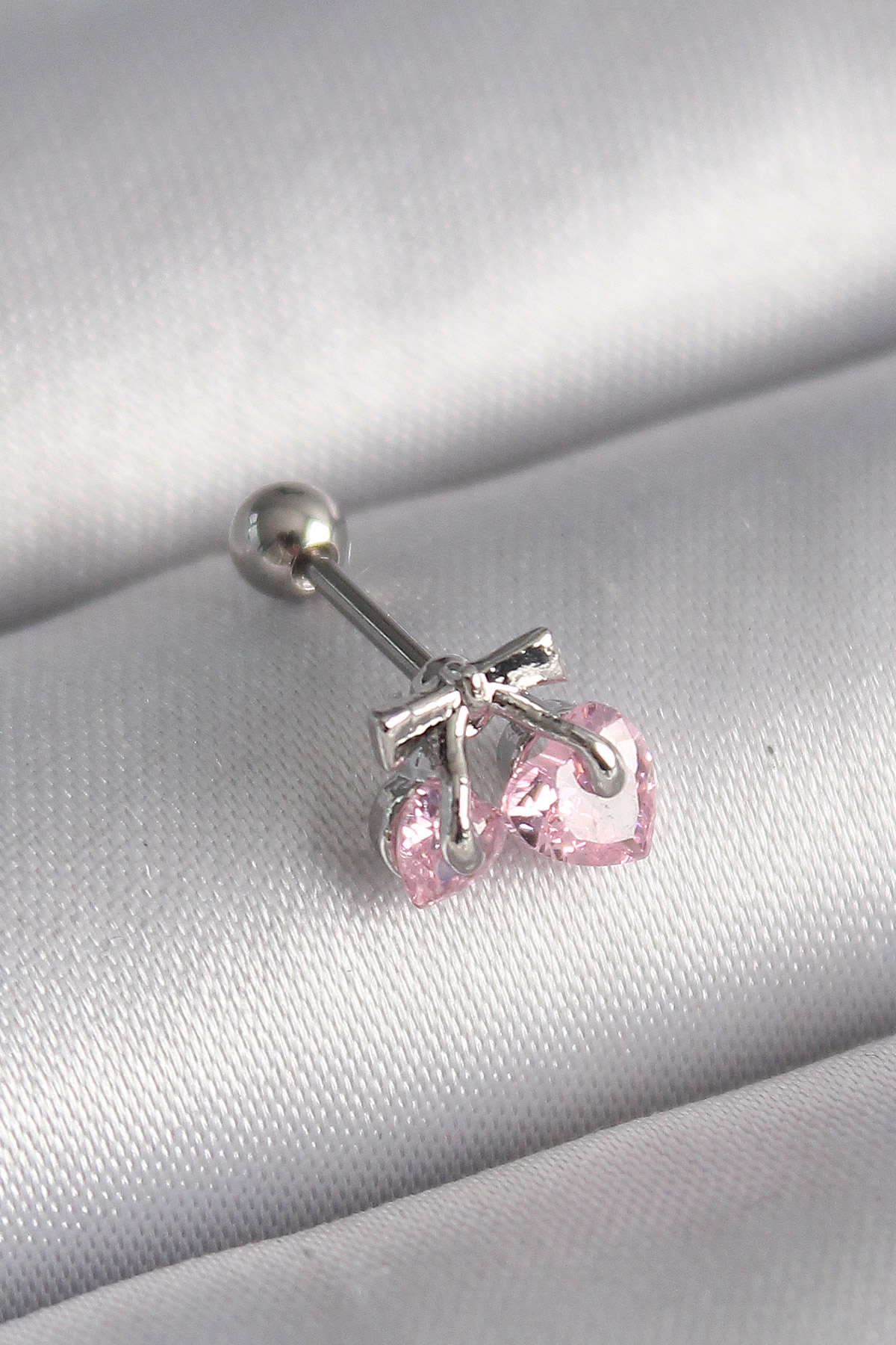 Tegan 316L Çelik Gümüş Renk Pembe Zirkon Taşlı Kalp Tragus Piercing TG27PR1235