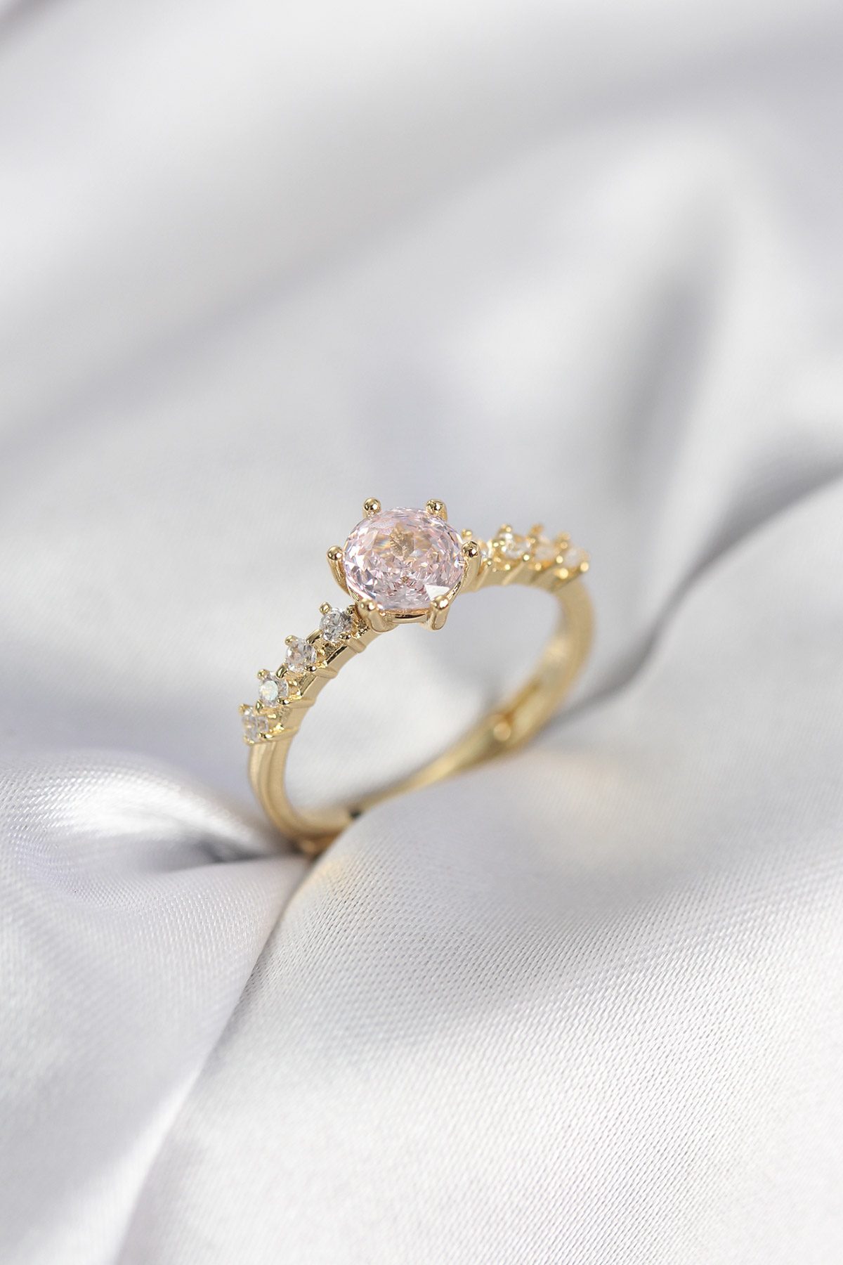 Tegan Gold Renk Pembe Tek Taş Model Zirkon Taşlı Kadın Yüzük TG27BYK3991