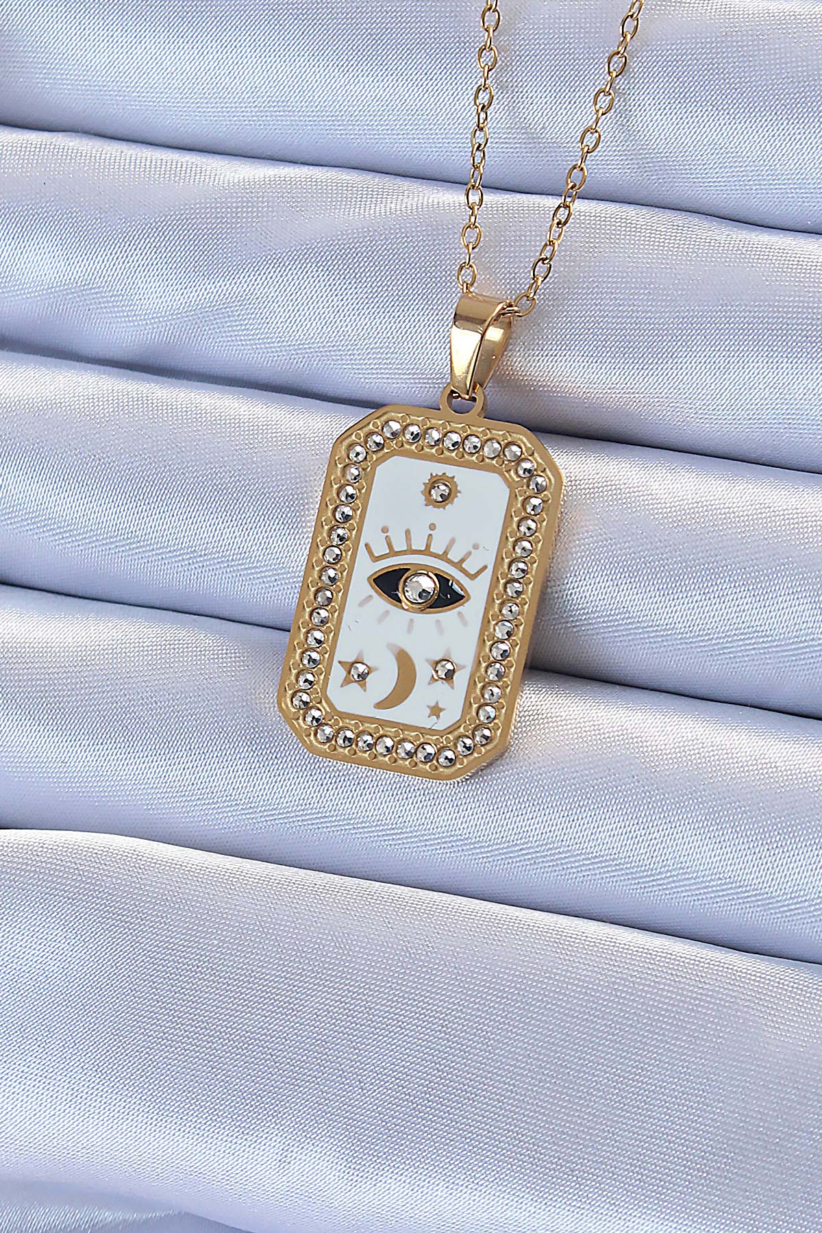 Tegan 316L Çelik Zincir Altın Renk Mineli Zirkon Taşlı Göz Figür Tarot Kolye TG27BKO9217
