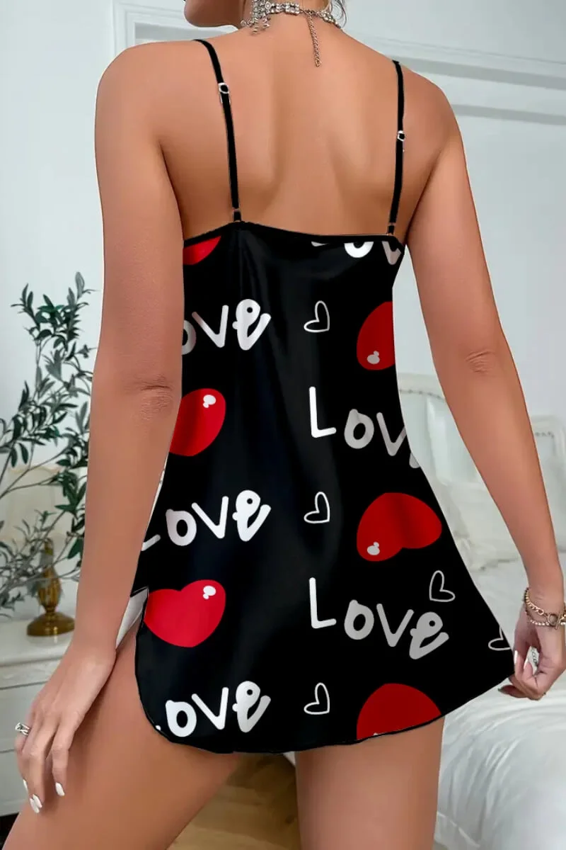 Tegan Love Desenli Siyah Saten Gecelik