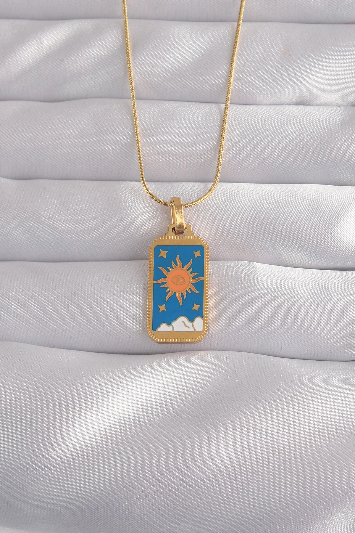 Tegan 316L Çelik Gold Renk Mavi Mineli Güneş Model Tarot Kolye TG27BKO9026