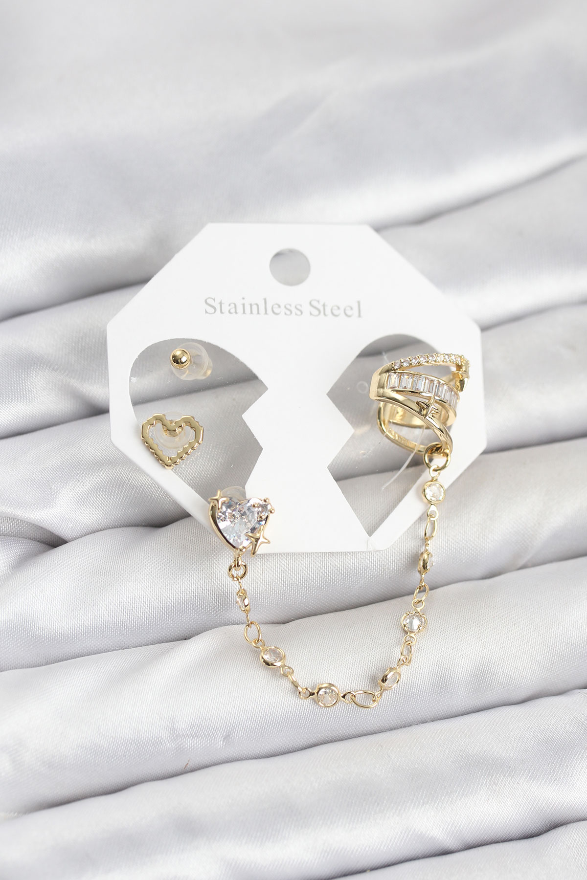 Tegan Pirinç Gold Renk Kalp Model Zincir Bağlantılı Ear Cuff Küpe Seti TG27BKP11541
