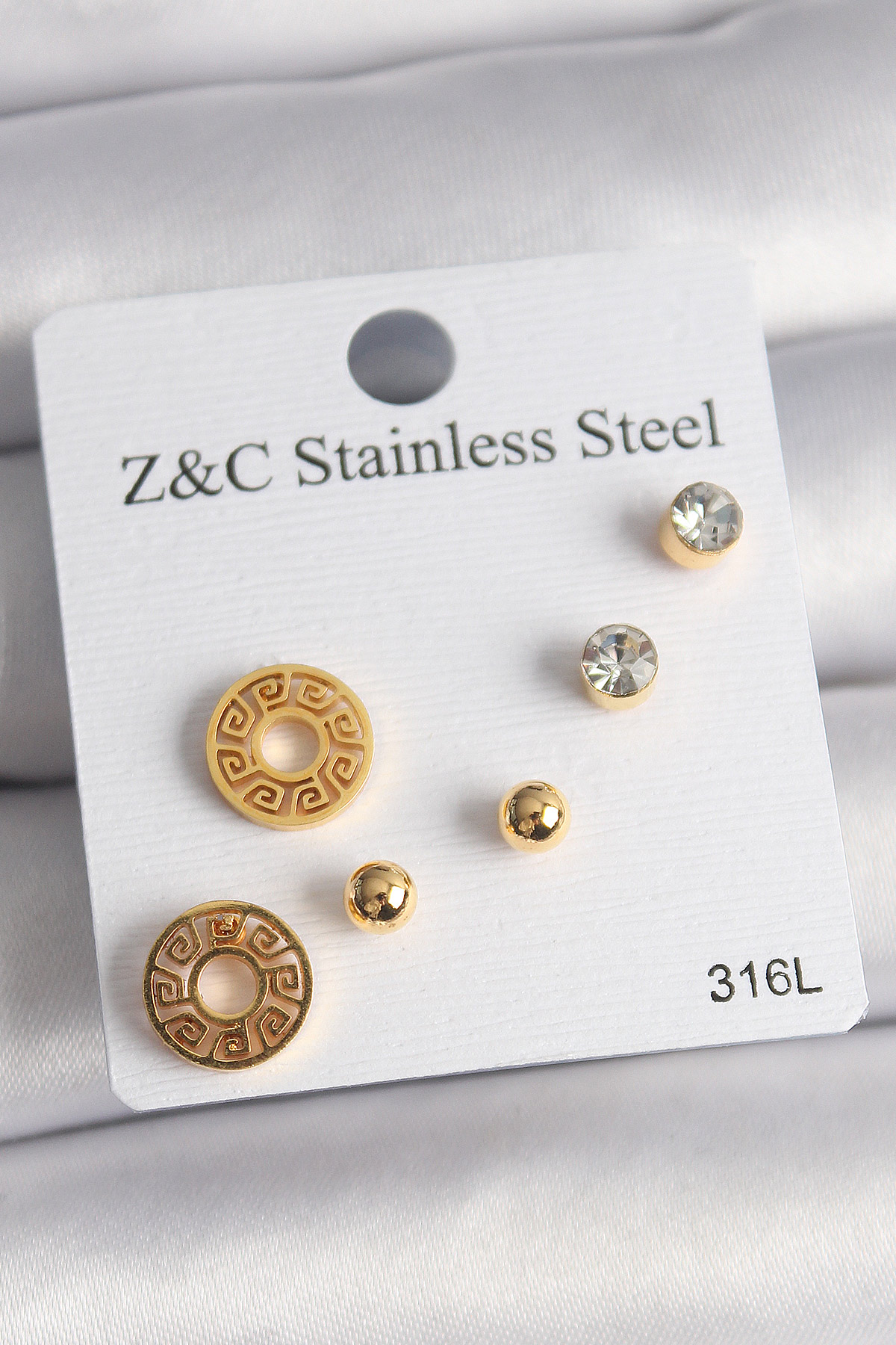 Tegan 316L Çelik Gold Renk Zirkon Taşı Labirent Model Kadın Küpe Seti TG27BKP10011