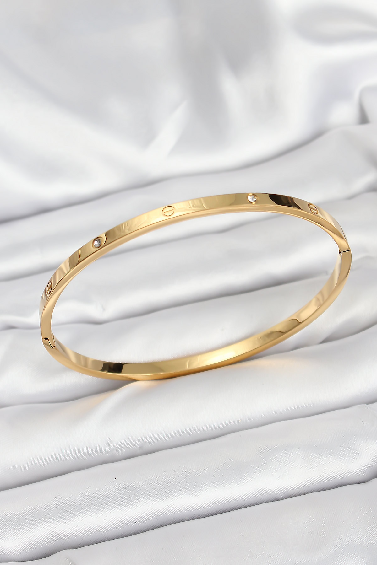 Tegan 316L Çelik Gold Renk Zirkon Taşlı 65 mm İnce Kadın Kelepçe Bileklik TG27BB7914