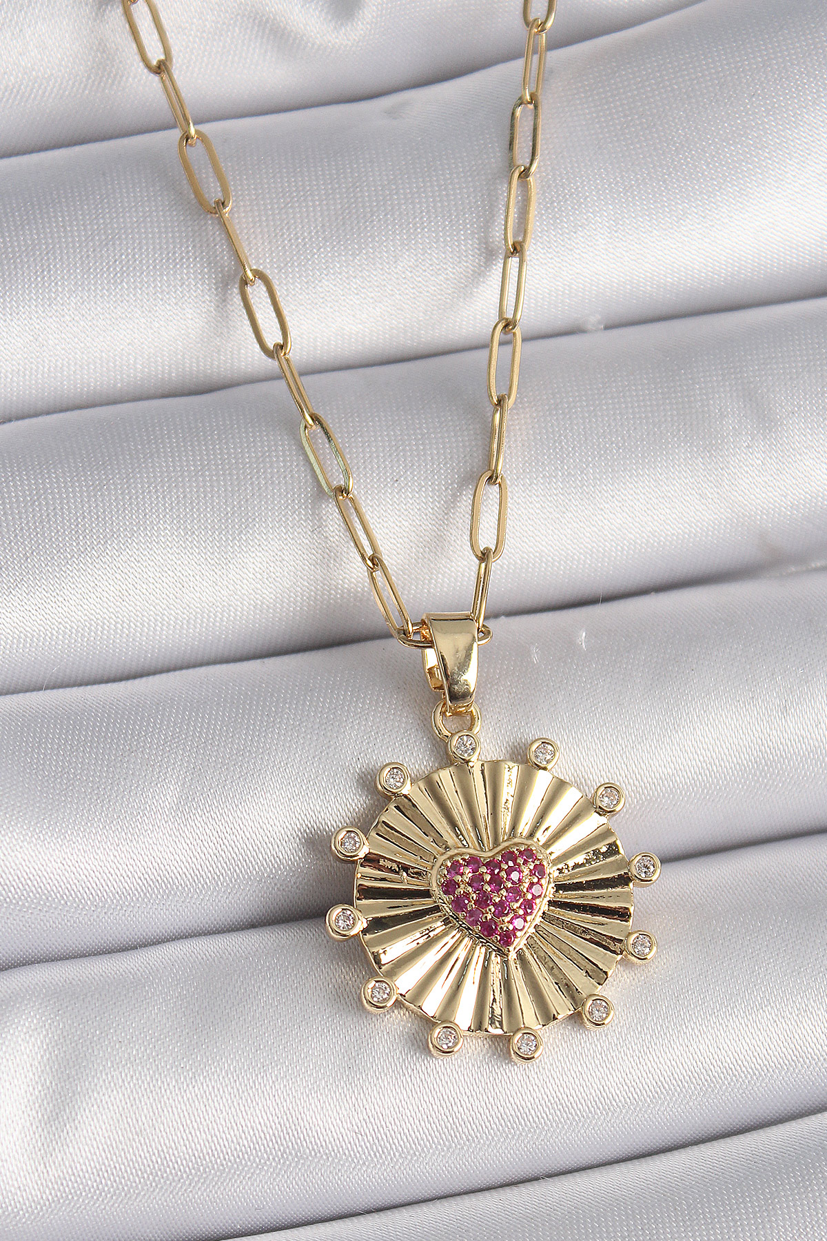 Tegan 316L Çelik Gold Renk Pembe Zirkon Taşlı Kalp İşleme Madalyon Model Kadın Kolye TG27BKO9534