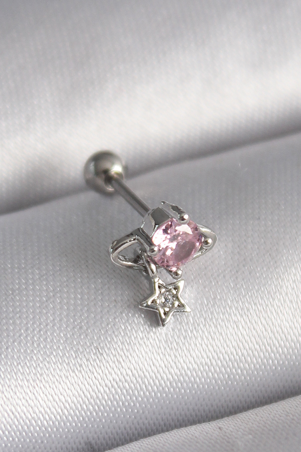 Tegan 316L Çelik Gümüş Renk Pembe Zirkon Taşlı Sallantı Yıldız Detay Tragus Piercing TG27PR1237