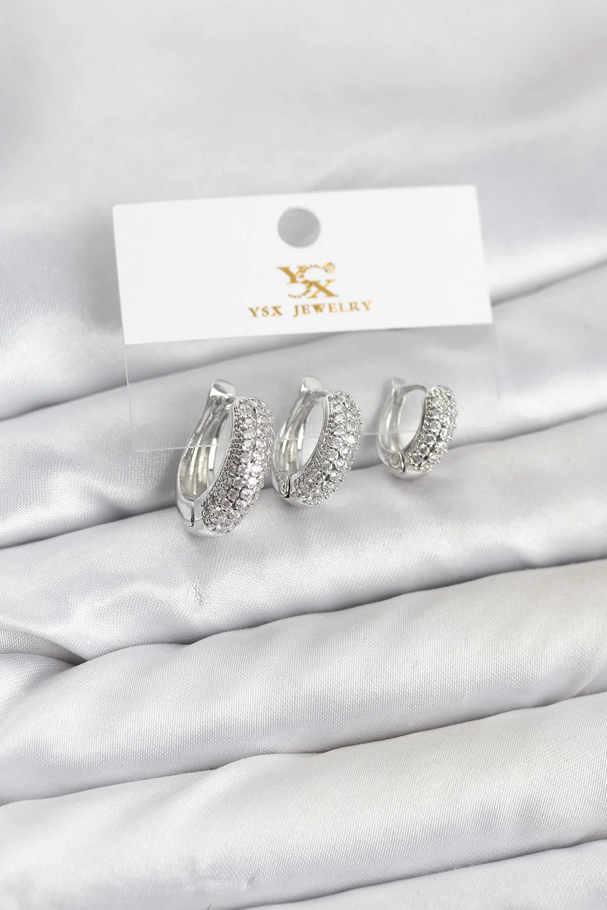 Tegan Pirinç Gümüş Renk Zirkon Taşlı Halka Model YSX Trio Küpe Seti TG27BKP11571