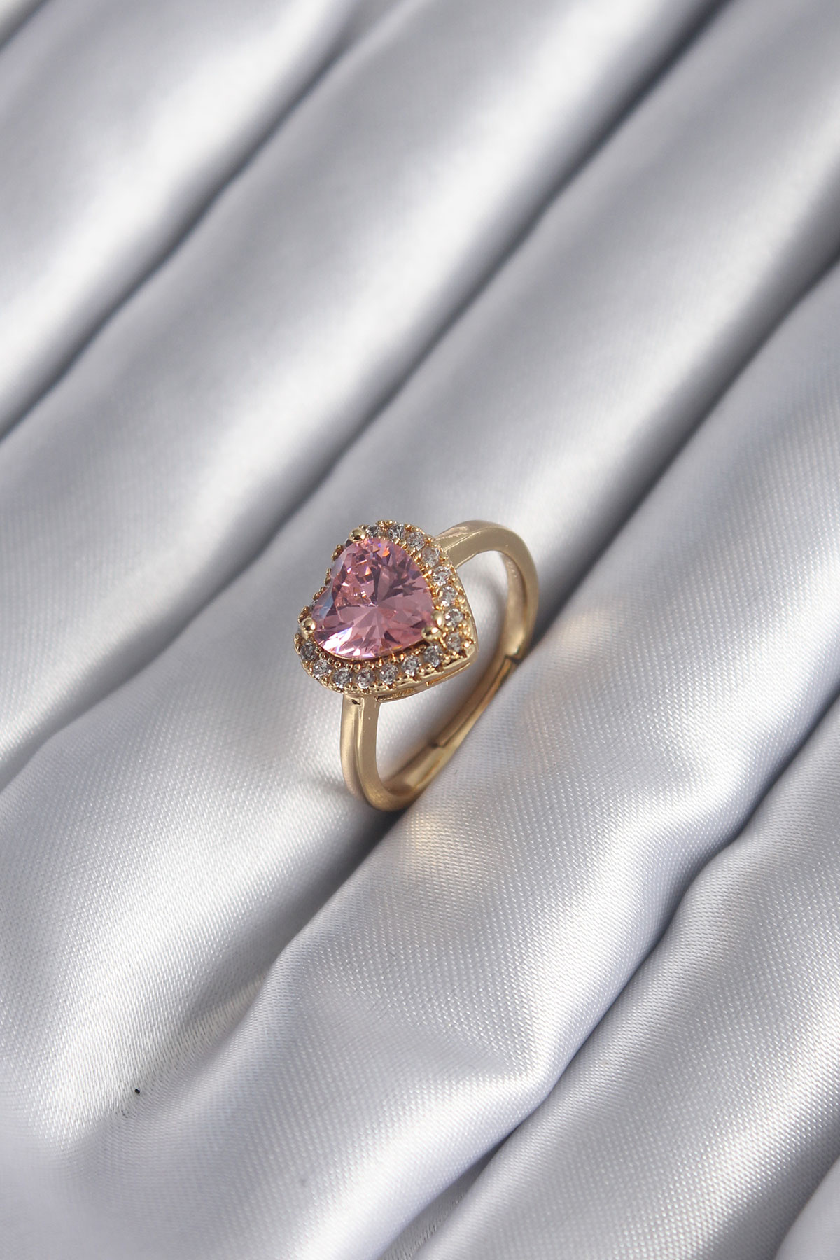 Tegan Pirinç Gold Renk Pembe Zirkon Taş Kalp Charm Model Kadın Yüzük TG27BYK2957