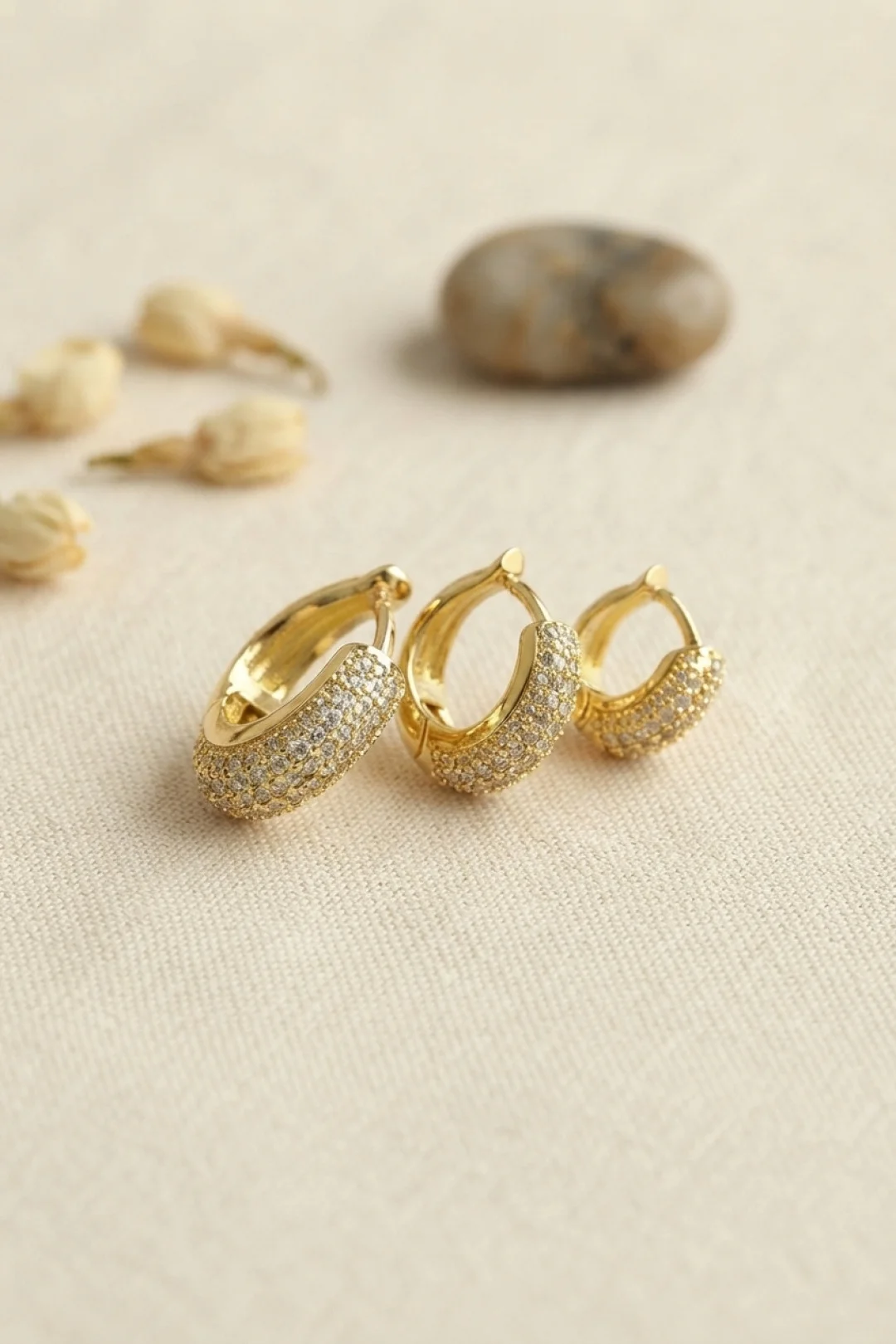 Tegan Gold Renk 3 lü Zirkon Taşlı Halka Küpe Set TG27BKP11968
