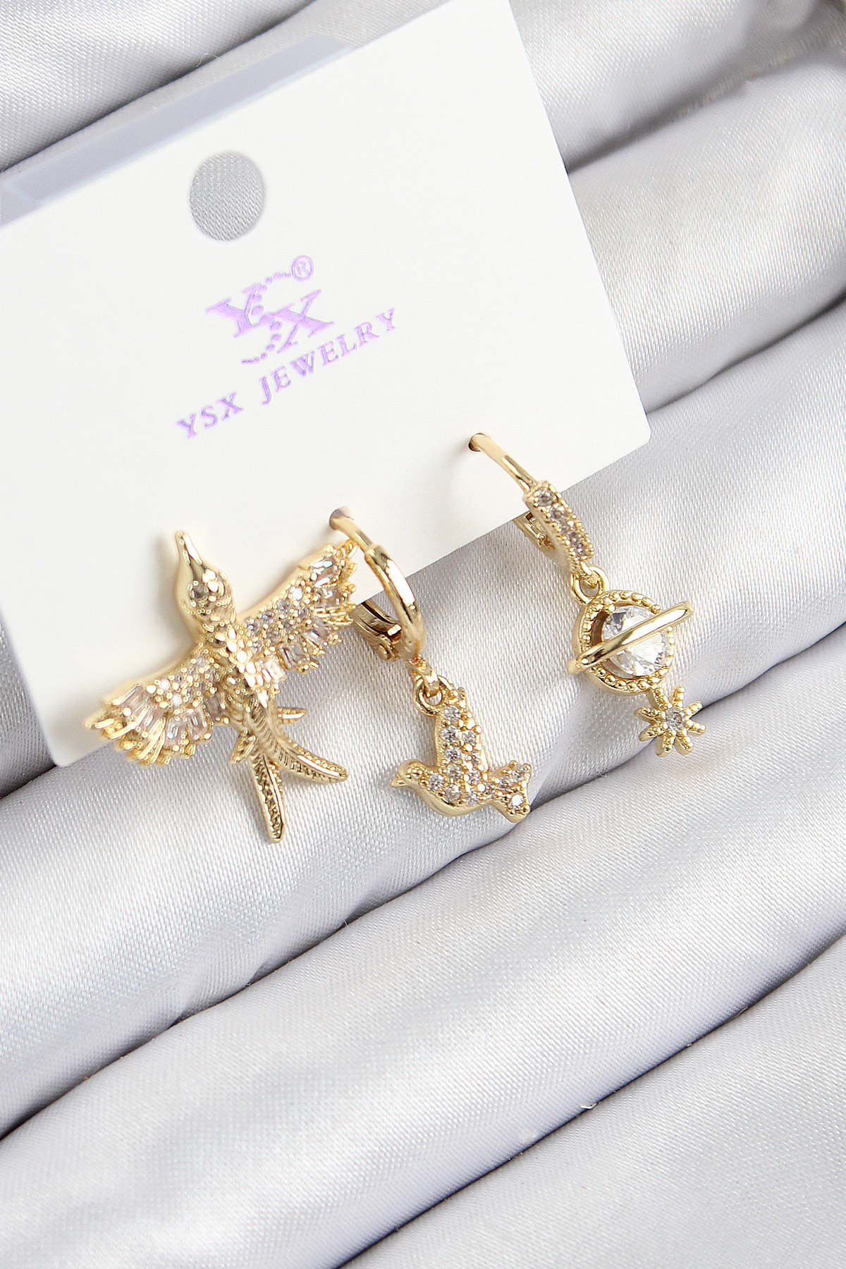 Tegan Pirinç Zirkon Taşlı 3'lü Kuş Model Gold Renk Kadın Küpe TG27BKP11133