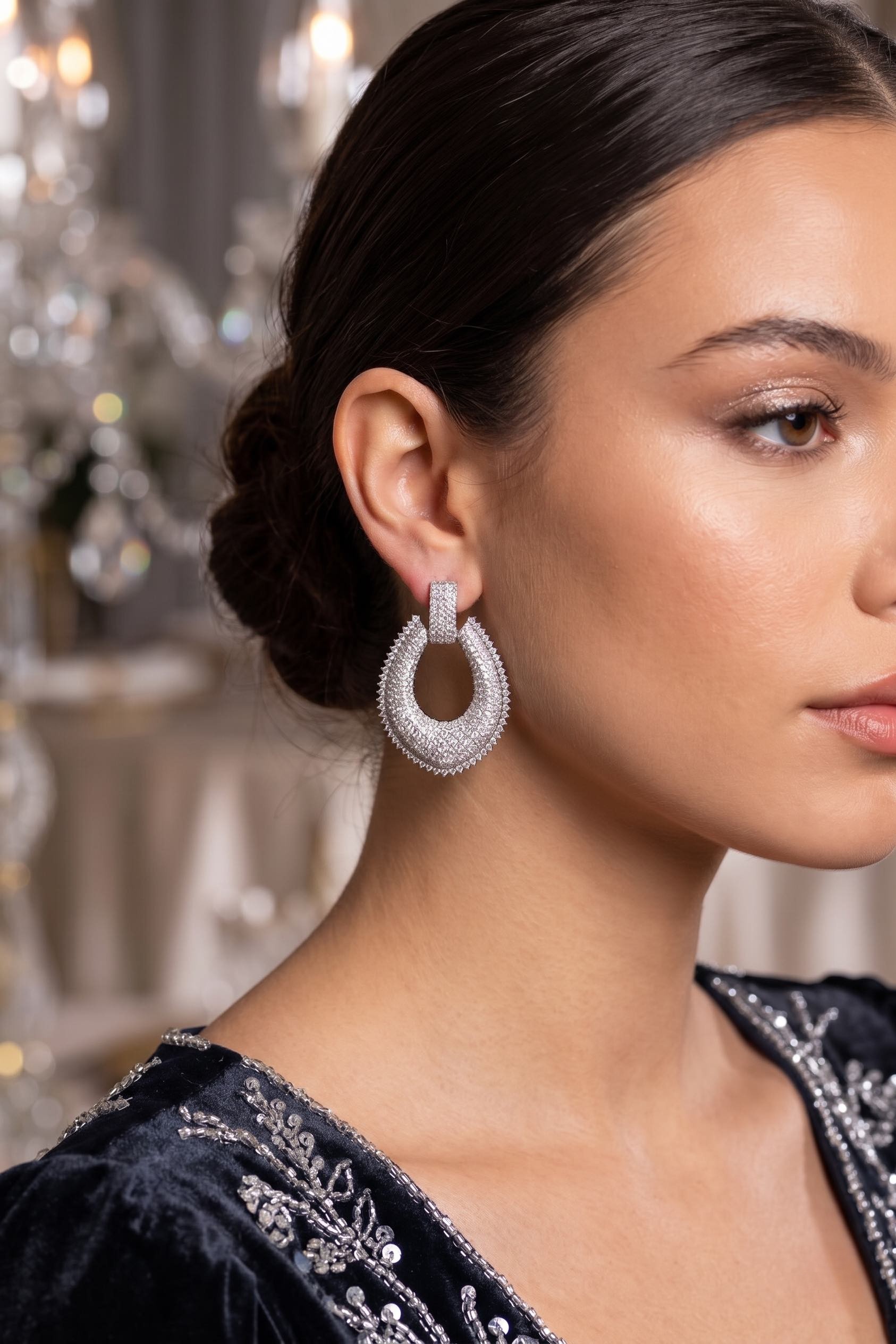 Tegan Gümüş Renk Zirkon Taşlı Damla Halka Model Kadın Abiye Küpe TG27BKP11903