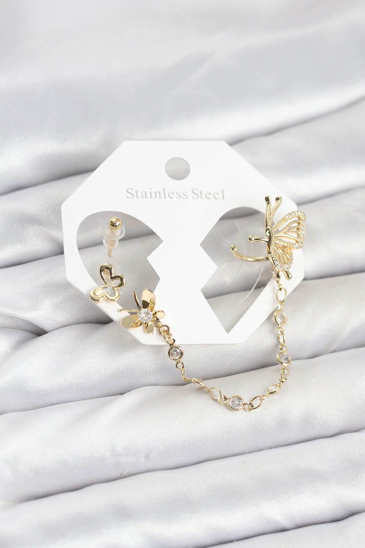 Tegan Kelebekli Model Pirinç Gold Renk Zincir Bağlantılı Ear Cuff Küpe Seti TG27BKP11544