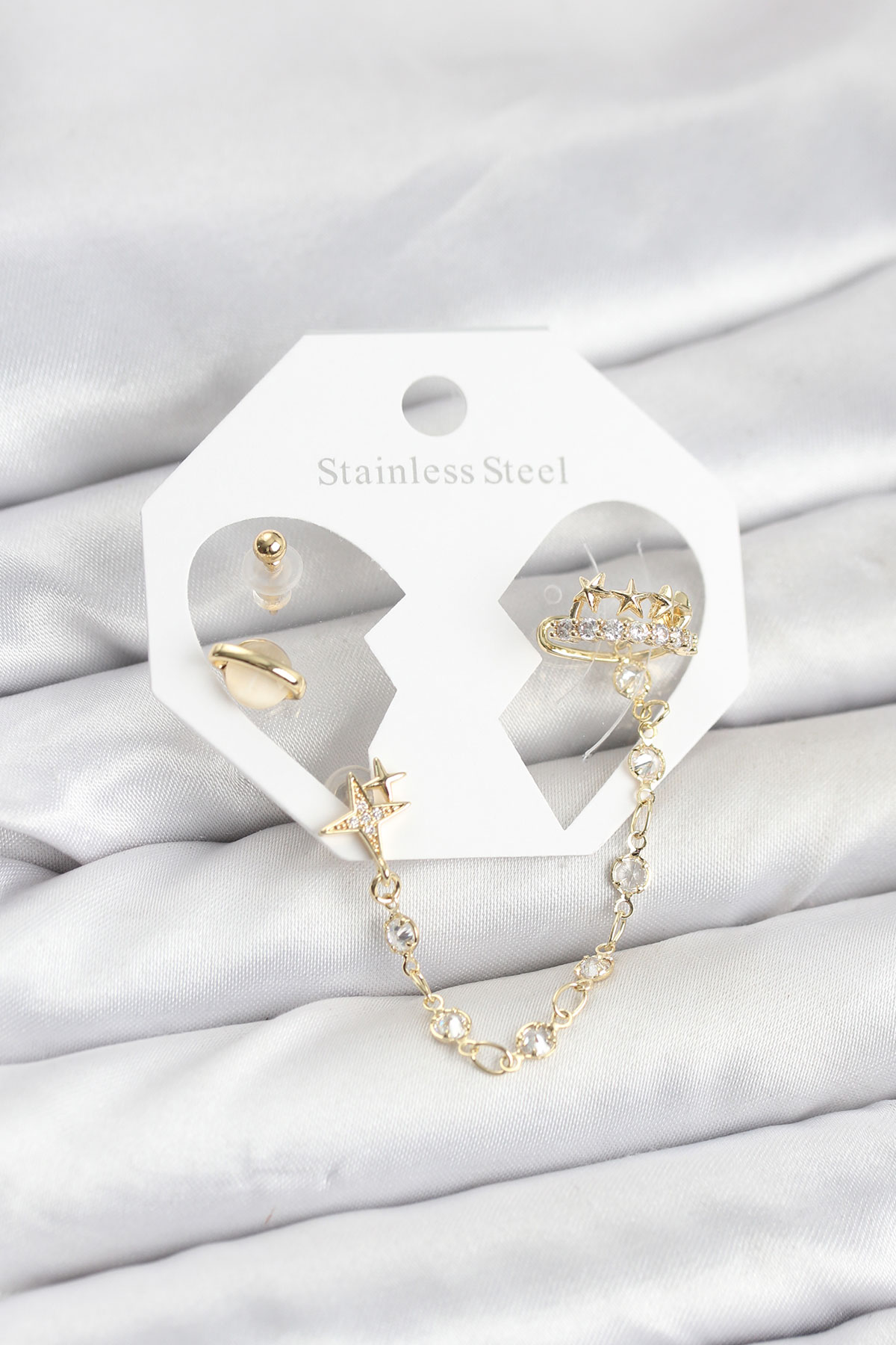 Tegan Pirinç Gold Renk Uzay Model Zincir Bağlantılı Ear Cuff Küpe Seti TG27BKP11542