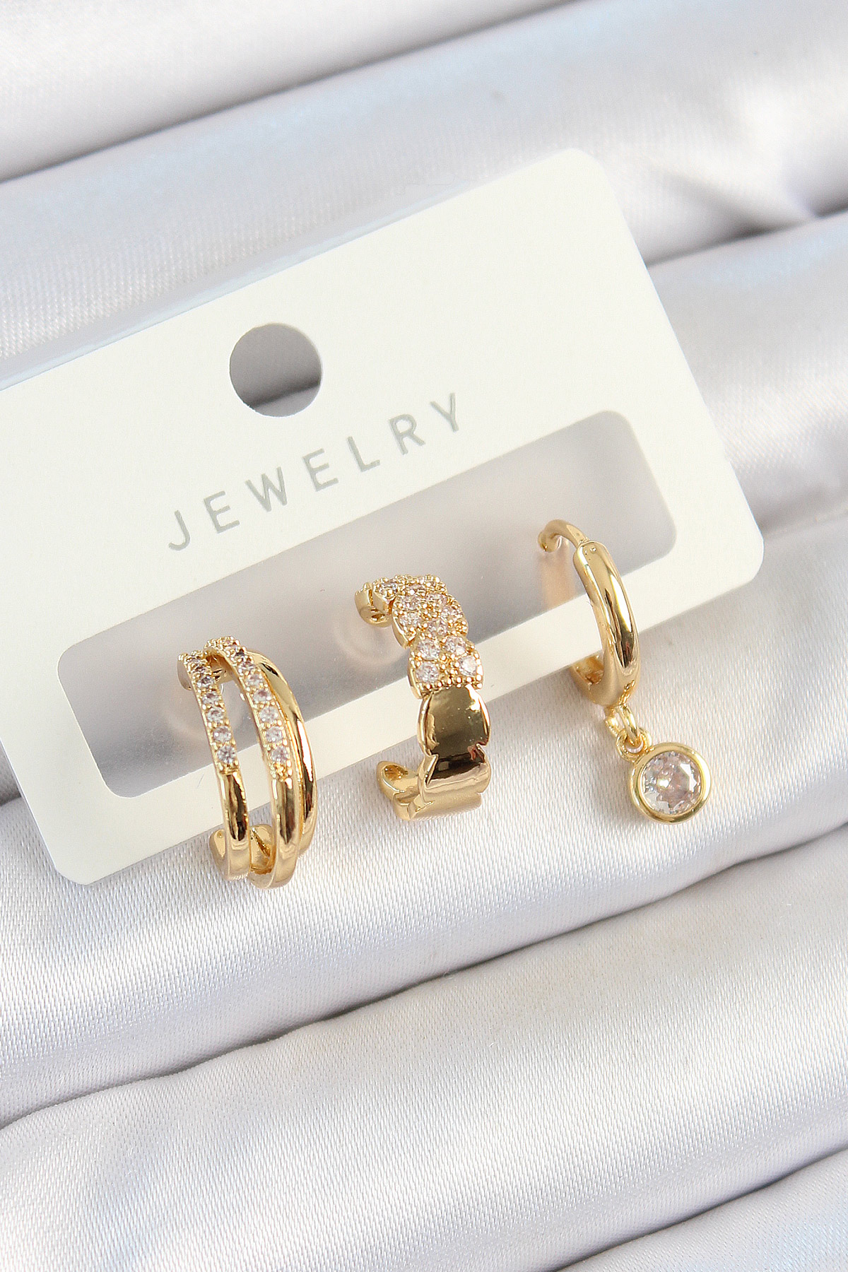 Tegan Pirinç Zirkon Taşlı Halka Model Gold Renk 3'lü Çift Kadın Küpe Set TG27BKP10826