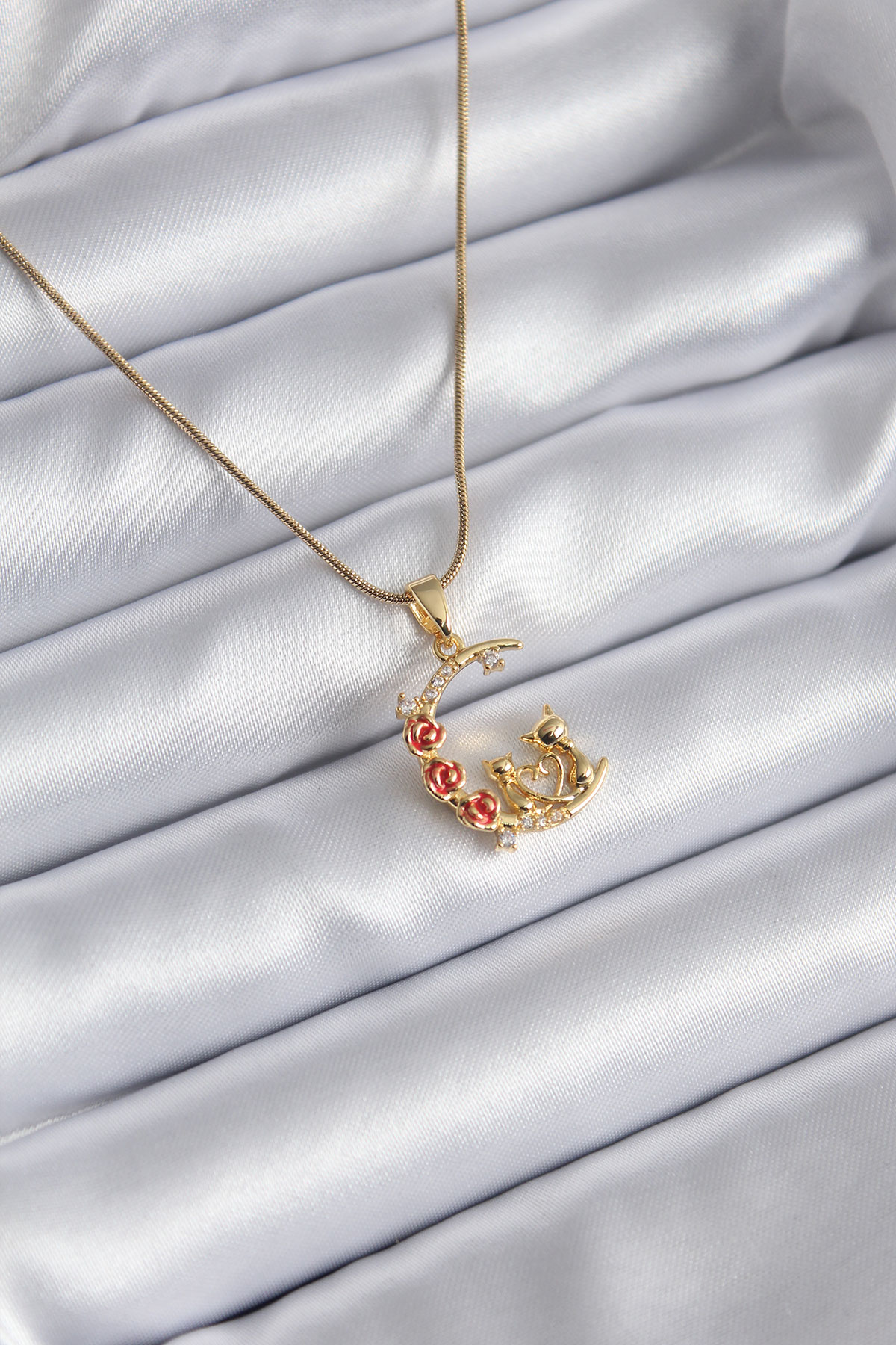 Tegan 316L Çelik Gold Renk Hilal Kedi Model Zirkon Taşlı Detay Kadın Kolye TG27BKO8140