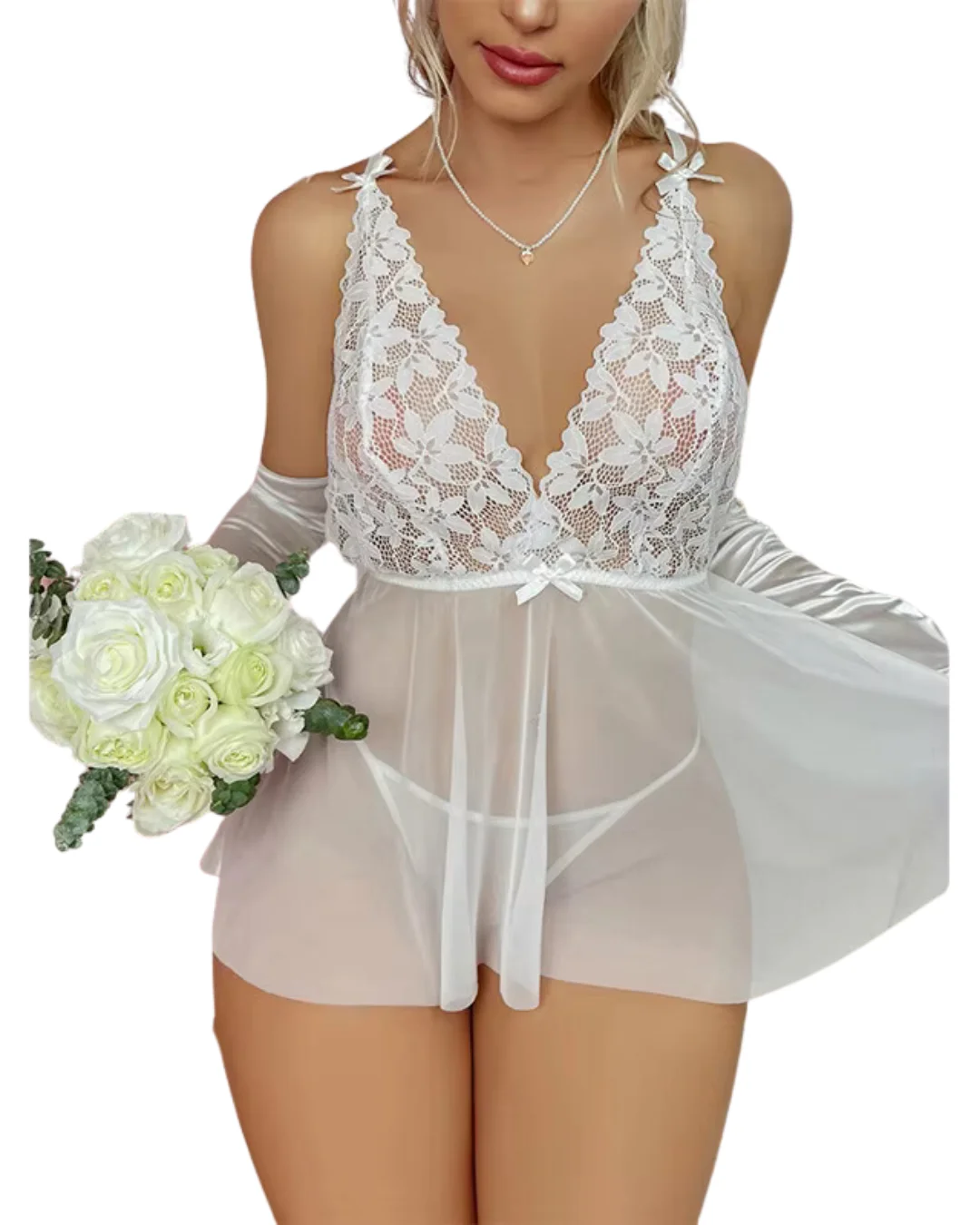 Tegan Fantezi Beyaz Dantelli Transparan Tül Etekli Seksi Elbise Gecelik TG273266