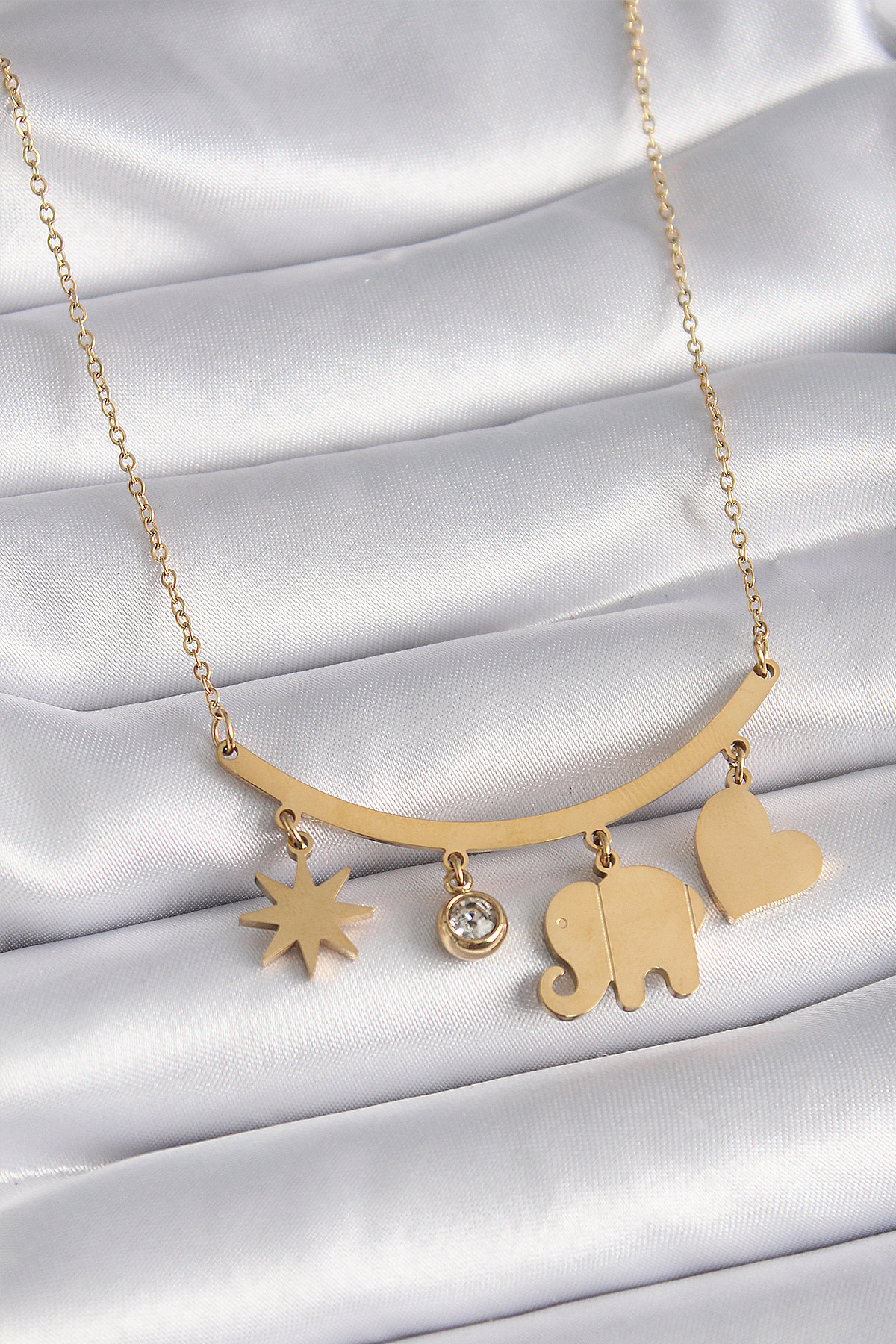 Tegan 316L Çelik Gold Renk Fil Figür Zirkon Taş Detay Kadın Kolye TG27BKO9408