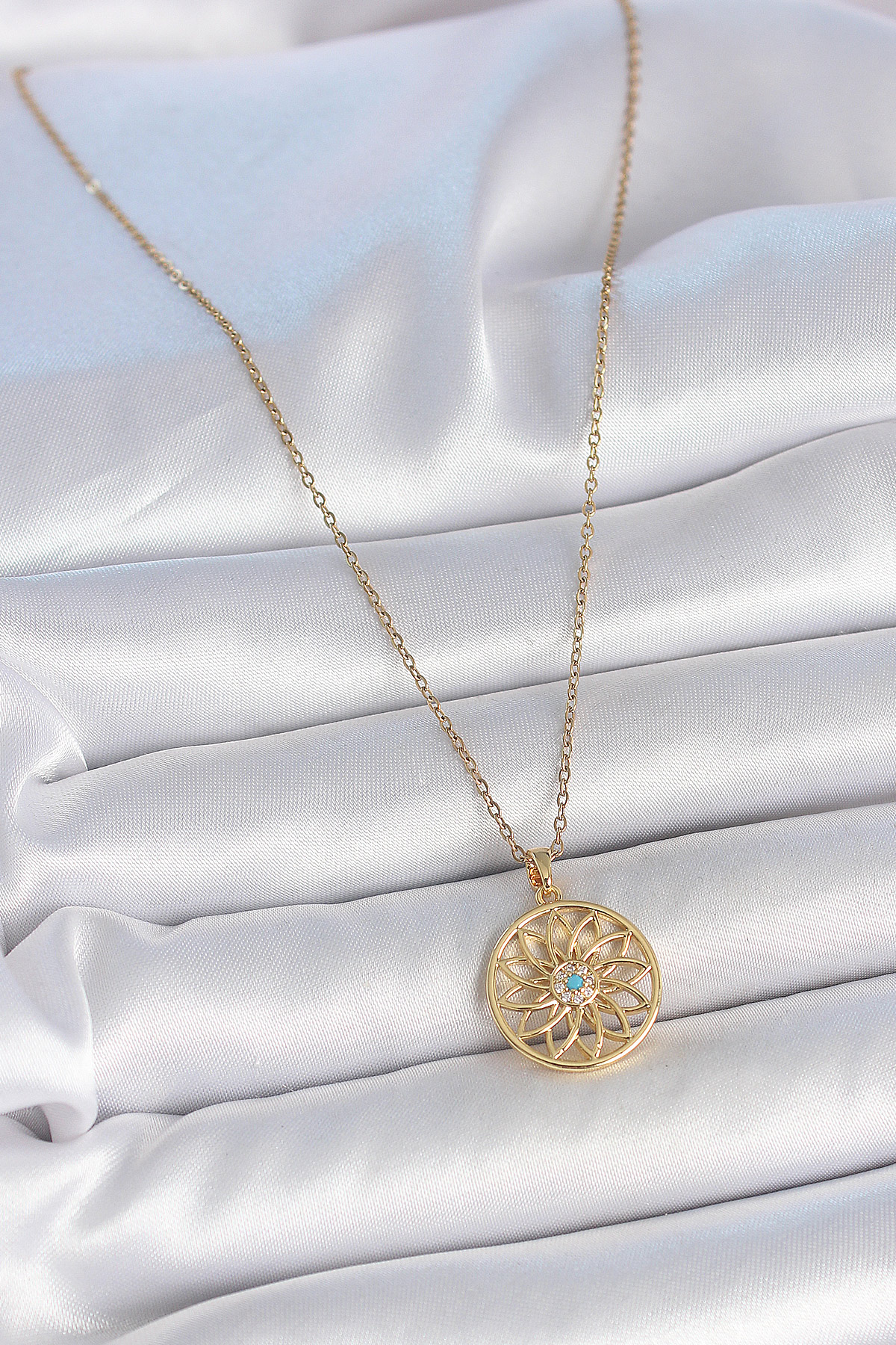 Tegan 316L Çelik Gold Renk Zincr Mavi Taşlı Lotus Model Kadın Kolye TG27BKO10061