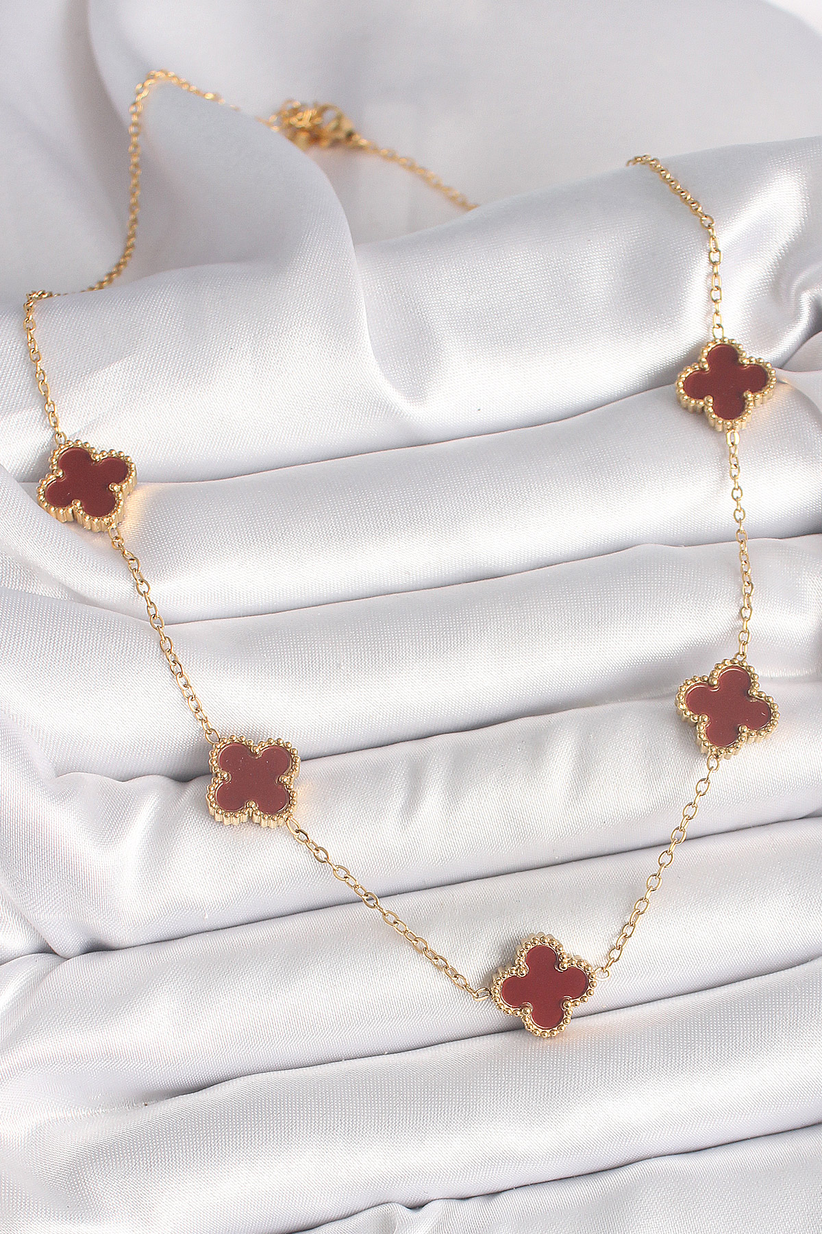 Tegan 316L Çelik Gold Renk Zincir Bordo Yonca Model Kadın Kolye TG27BKO9926