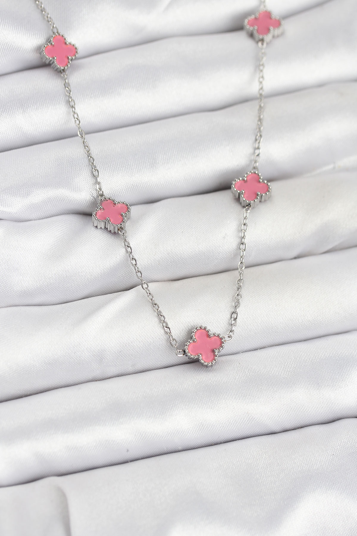Tegan 316L Çelik Zincir Gümüş Renk Pembe Baby Boy Yonca Kadın Kolye TG27BKO10579