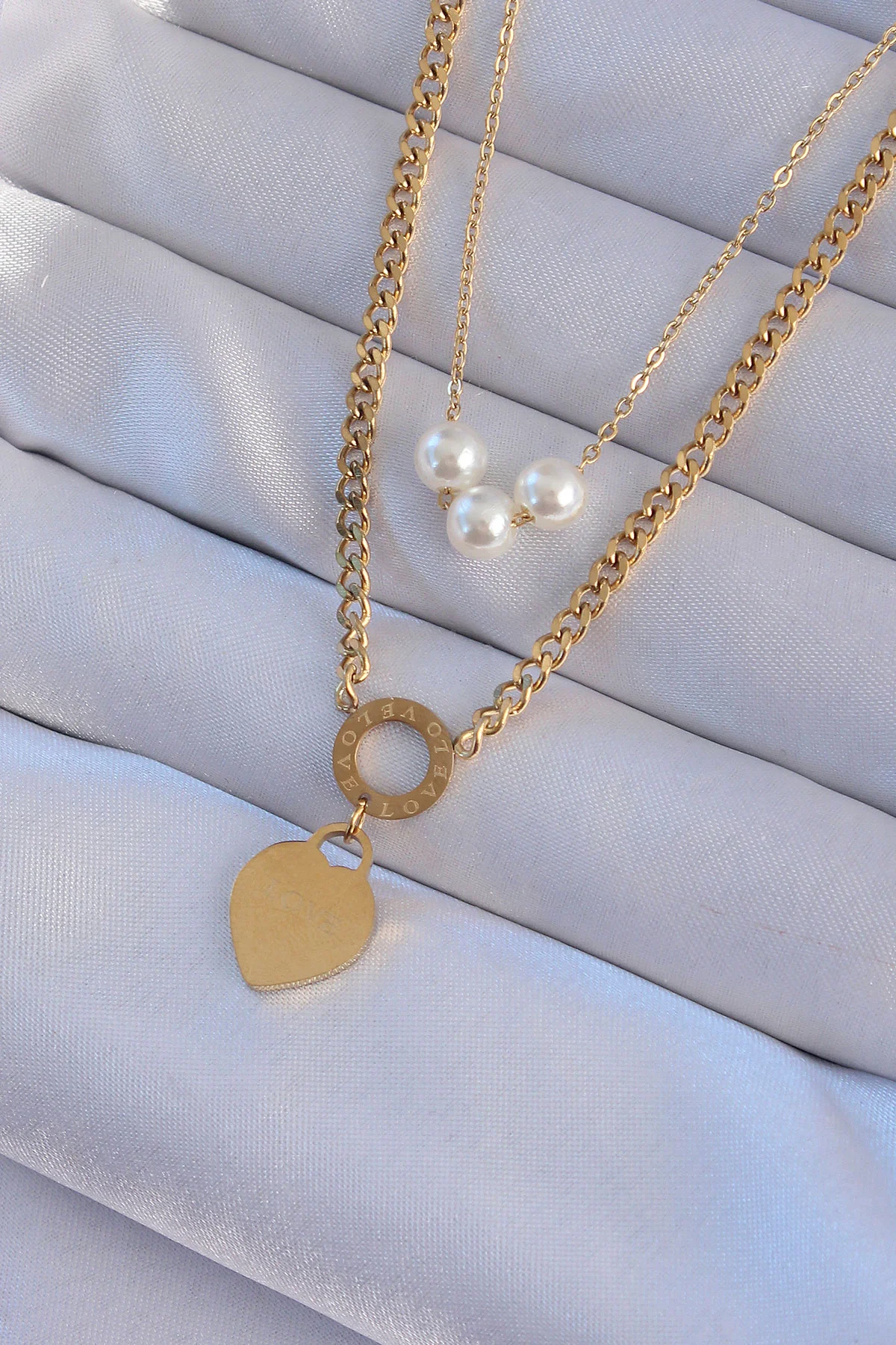 Tegan 316L Çelik Gold Renk Çift Zincir İnci Detayı Love Kalp Kolye TG27BKO8939
