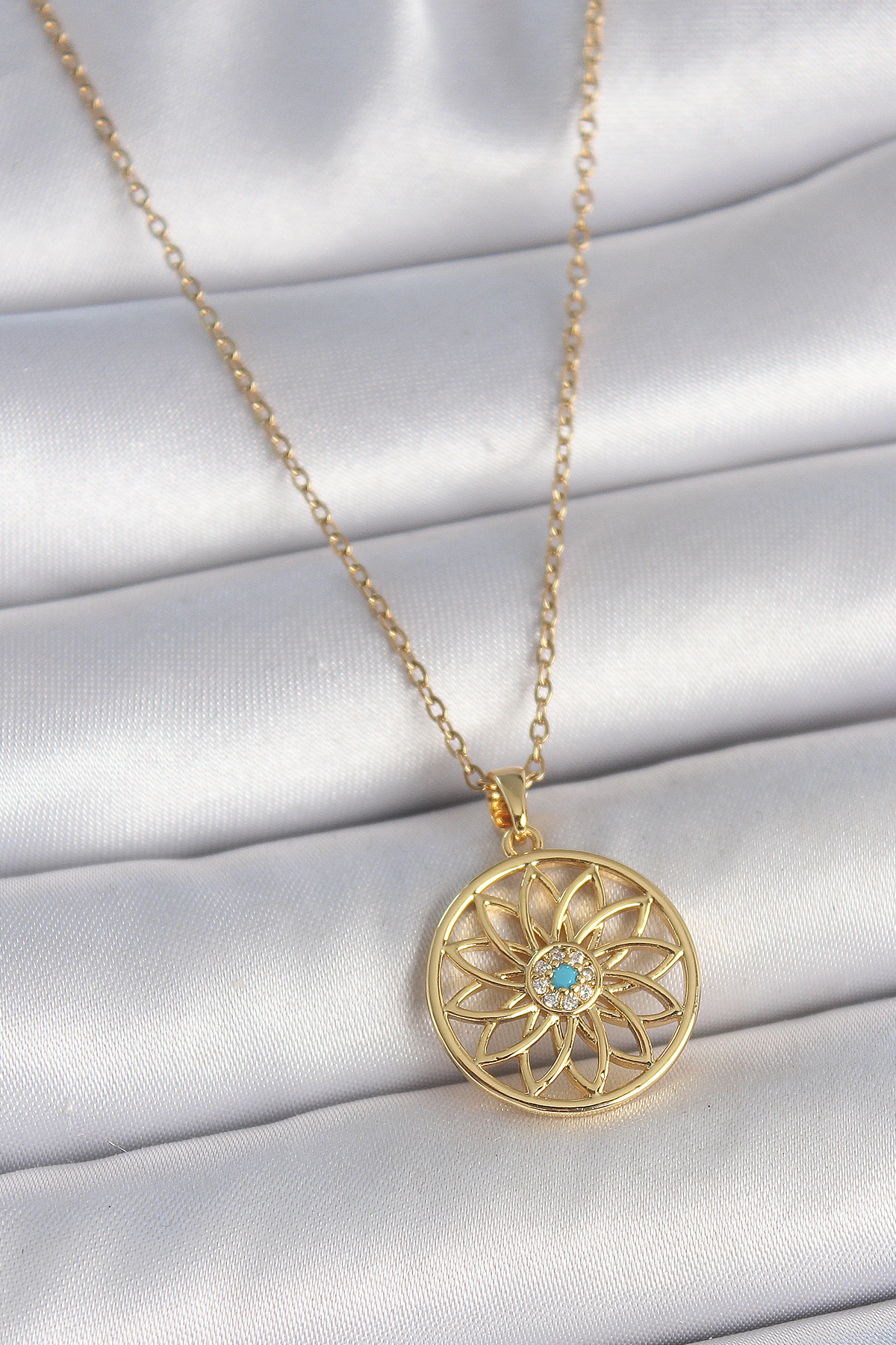 Tegan 316L Çelik Gold Renk Zincr Mavi Taşlı Lotus Model Kadın Kolye TG27BKO10061