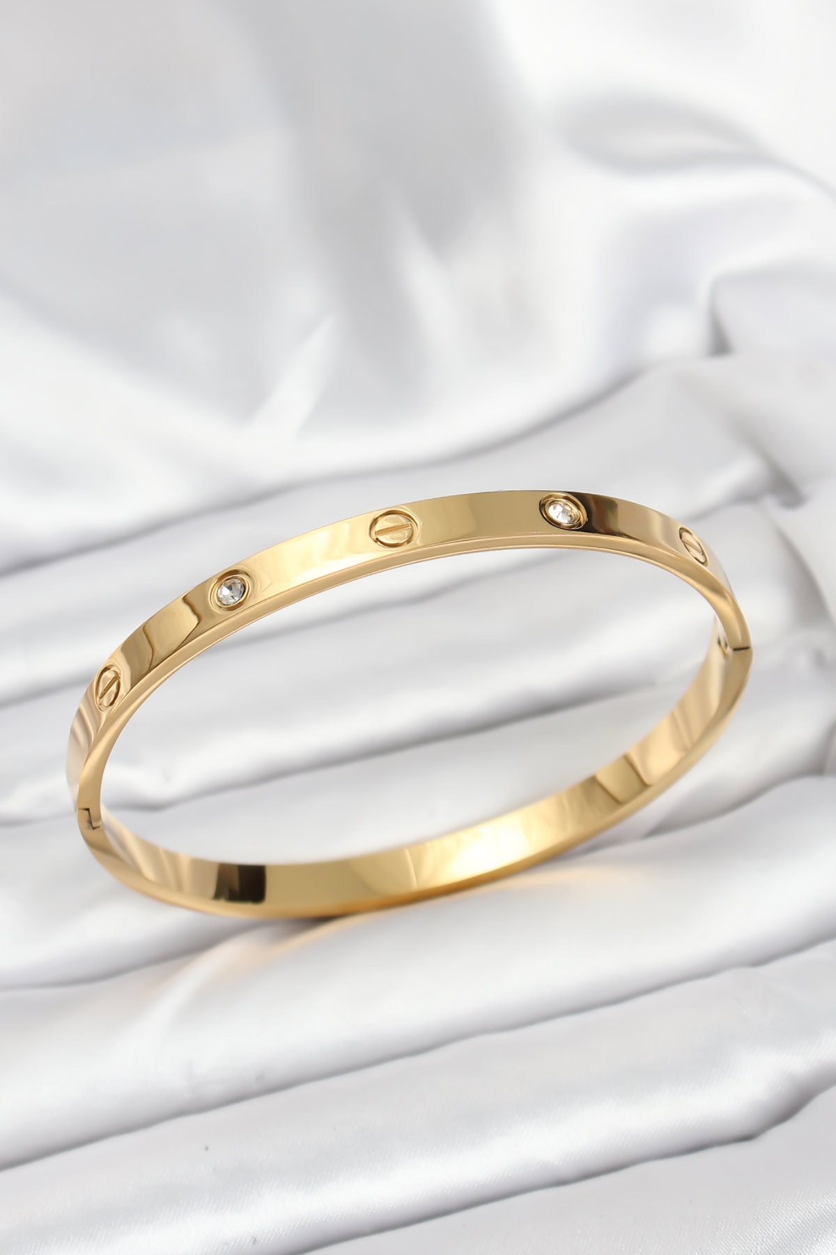 Tegan 316L Çelik Gold Renk Zirkon Taşlı 65 mm Kadın Kelepçe Bileklik TG27BB7911