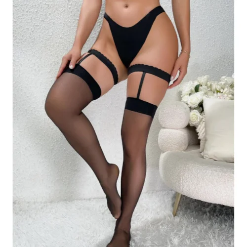 Tegan Fantezi Kadın Siyah Dantel Bacak Bantlı String Jartiyer Çorap Takımı TG270046