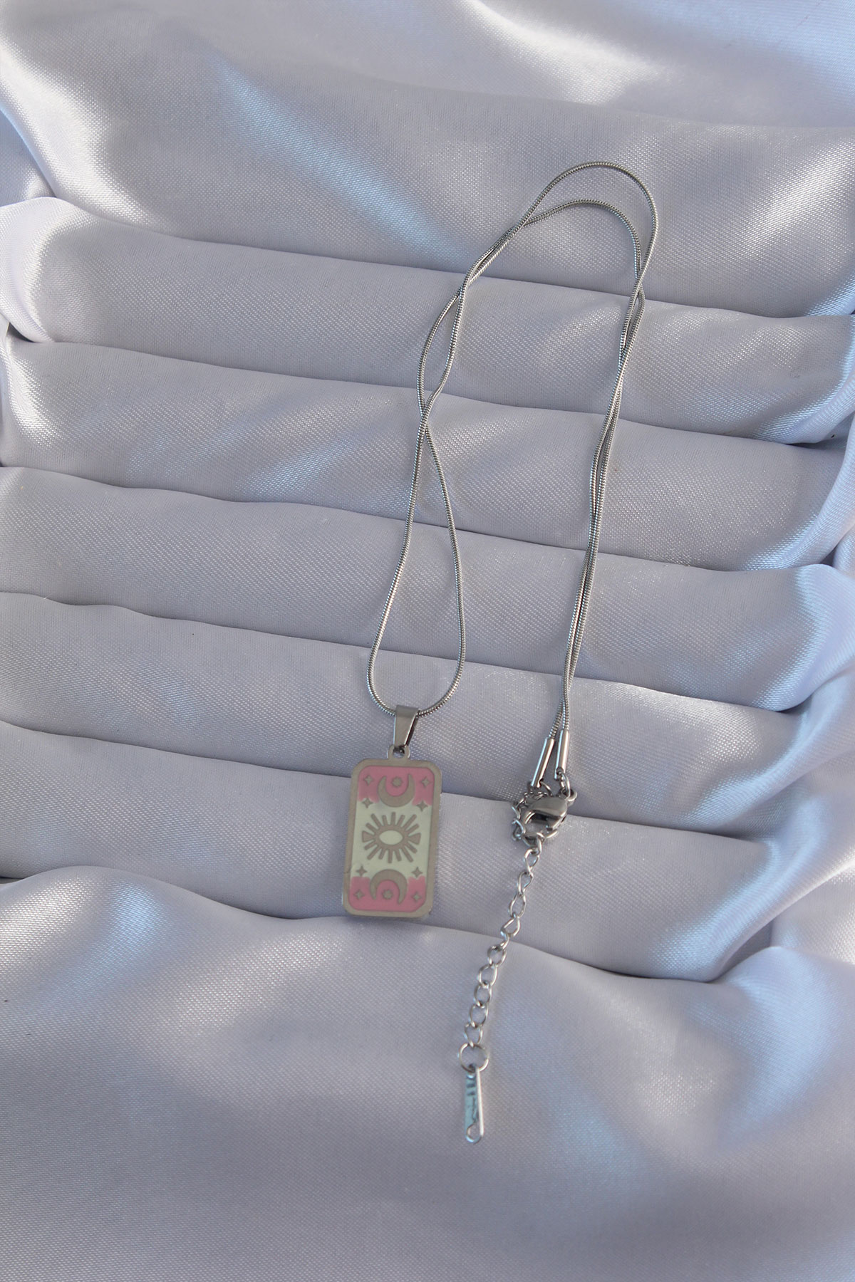 Tegan 316L Çelik Gümüş Renk Pembe Mineli Ay Figür Tarot Kolye TG27BKO9045