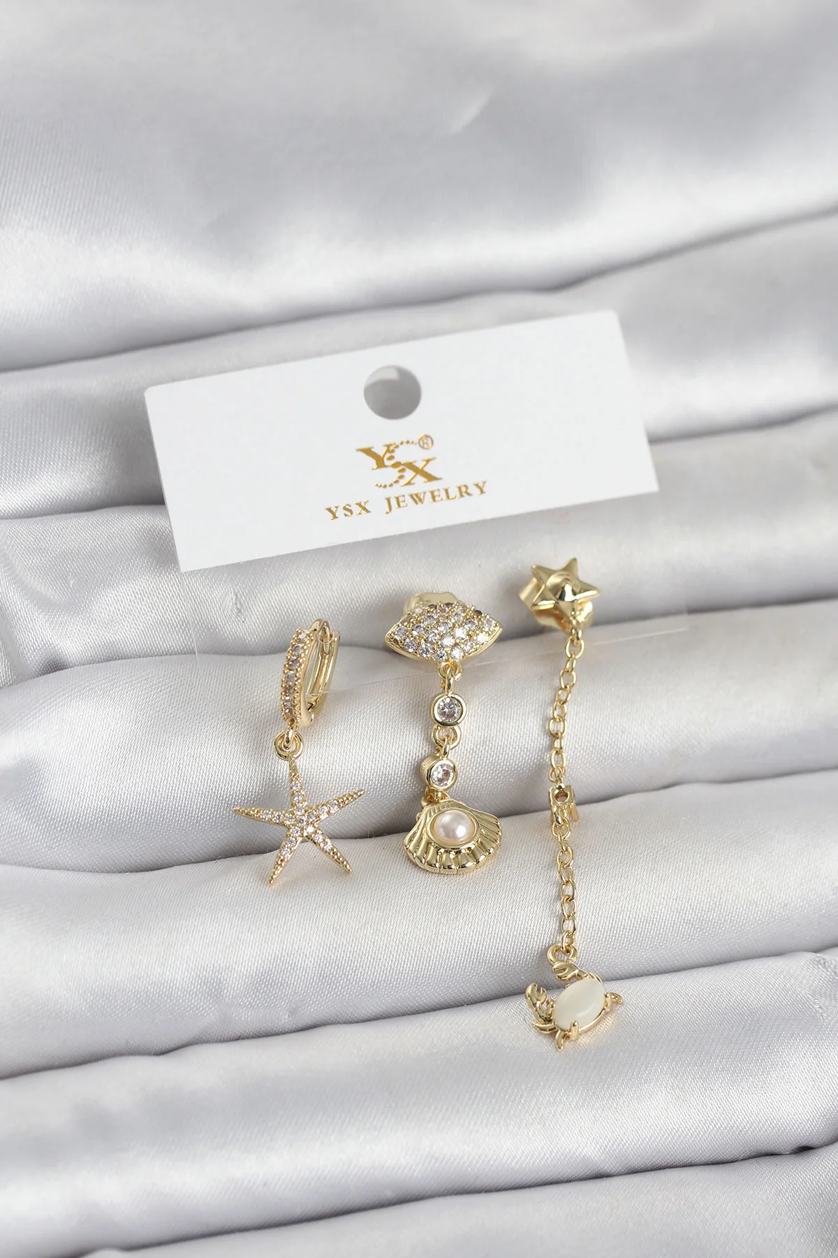 Tegan Pirinç Gold Renk Zirkon Taşlı Deniz Temalı 3'lü Kadın Küpe TG27BKP11703