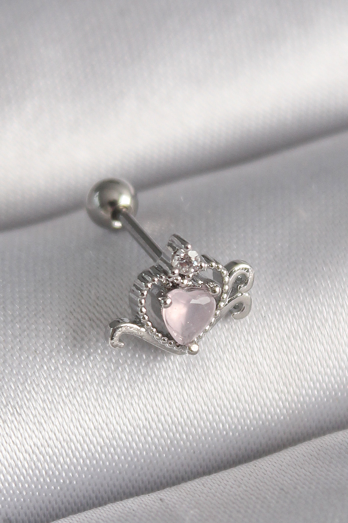 Tegan 316L Çelik Gümüş Renk Pembe Mineli Kalp Zirkon Taş Detay Tragus Piercing TG27PR1261