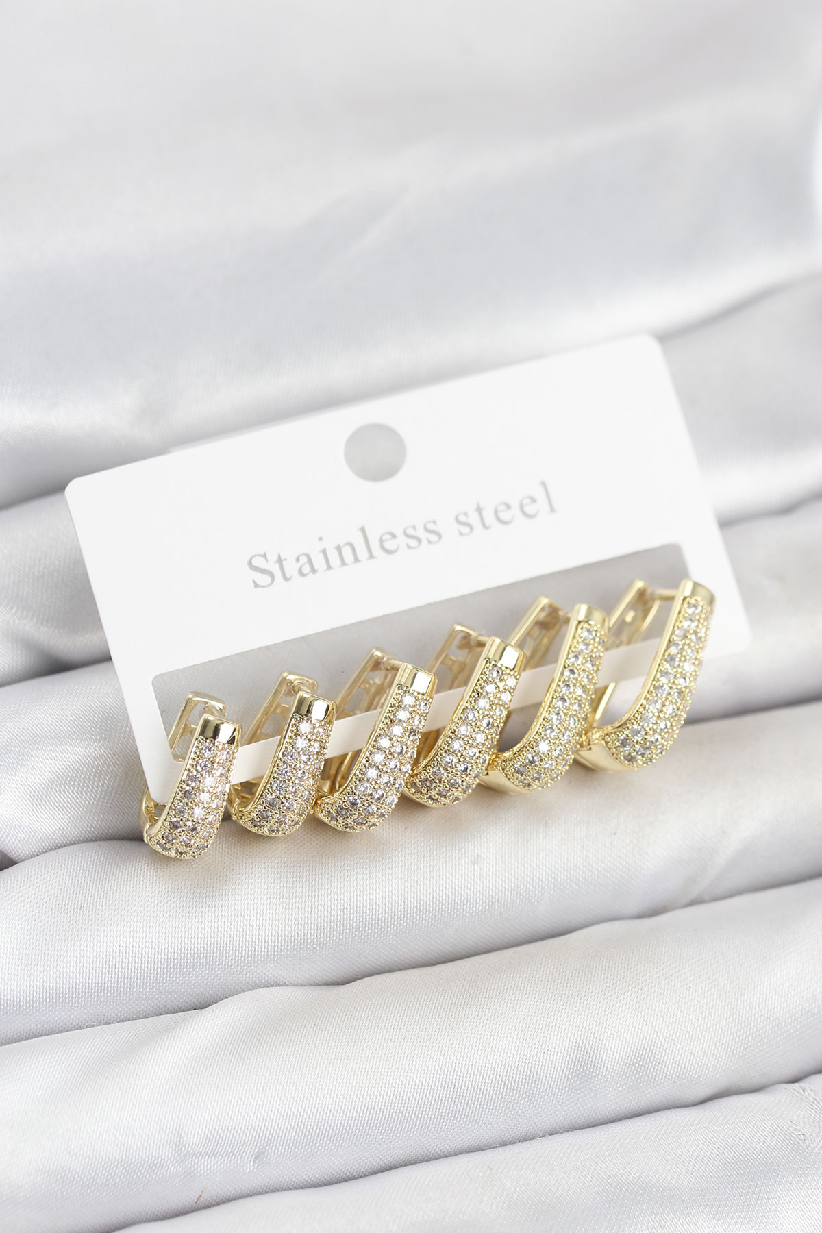 Tegan 316L Çelik Gold Renk Zirkon Taşlı Damla Halka Küpe Seti TG27BKP11524