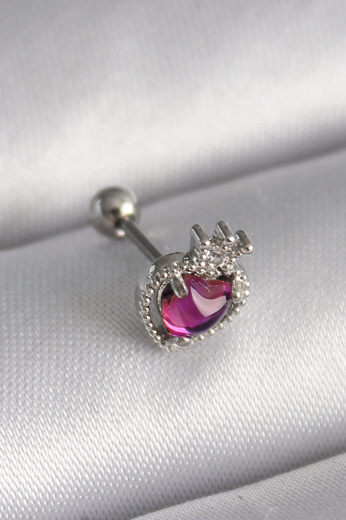 Tegan 316L Çelik Gümüş Renk Pembe Mineli Kalp Zirkon Taş Detaylı Taç Tragus Piercing TG27PR1263