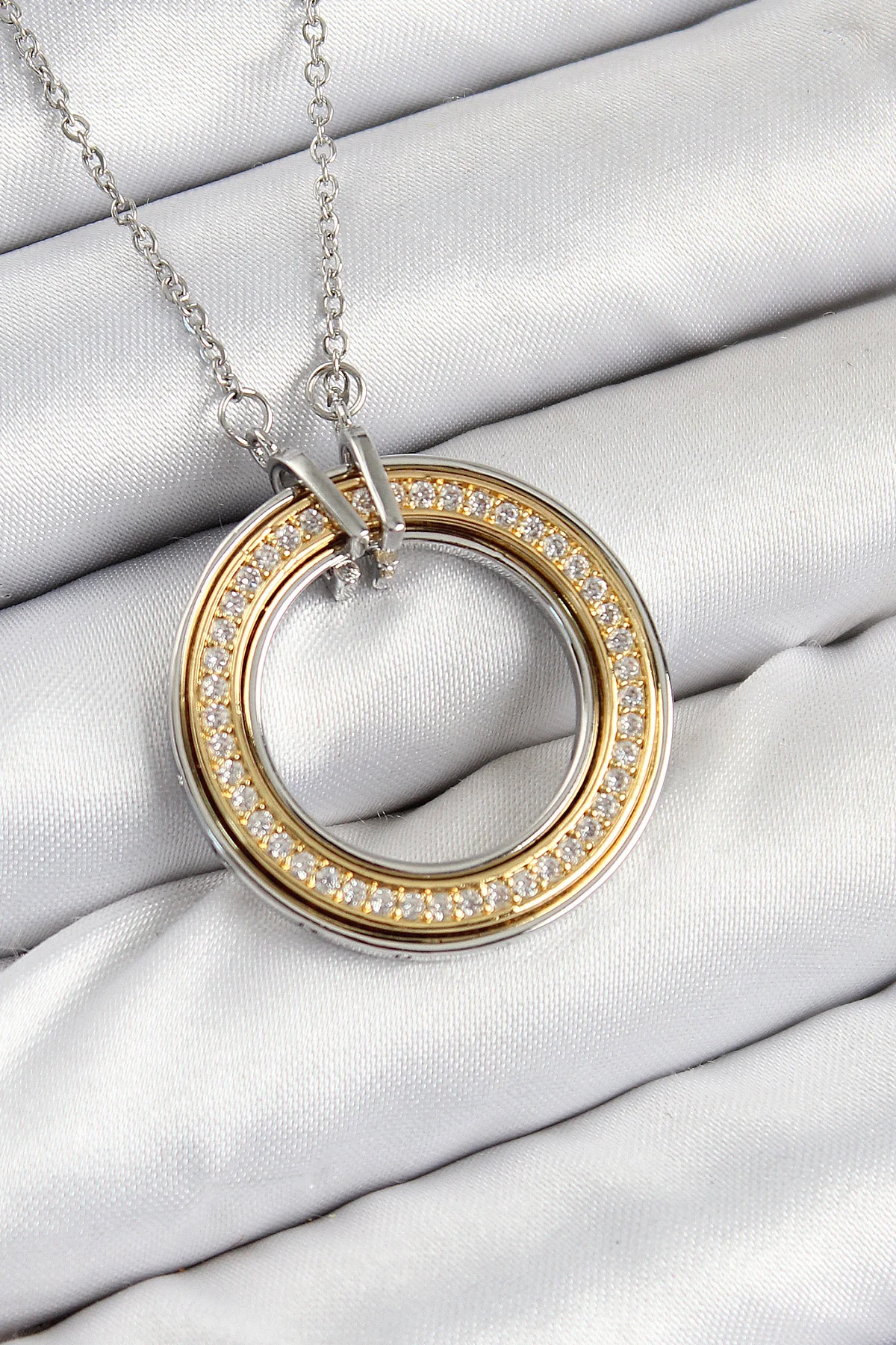 Tegan 316L Çelik Zirkon Taşlı Dönen Daire Model Gold Ve Gümüş Renk Kadın Kolye TG27BKO10479