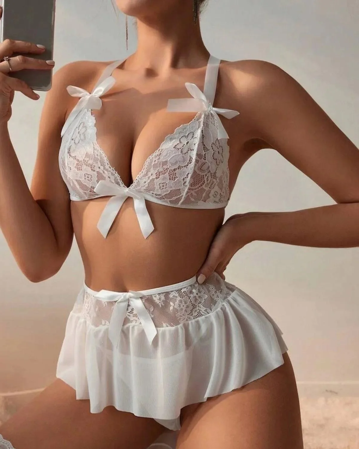 Tegan Fantazi Beyaz Dantelli Fiyonklu Seksi Babydol TG279239