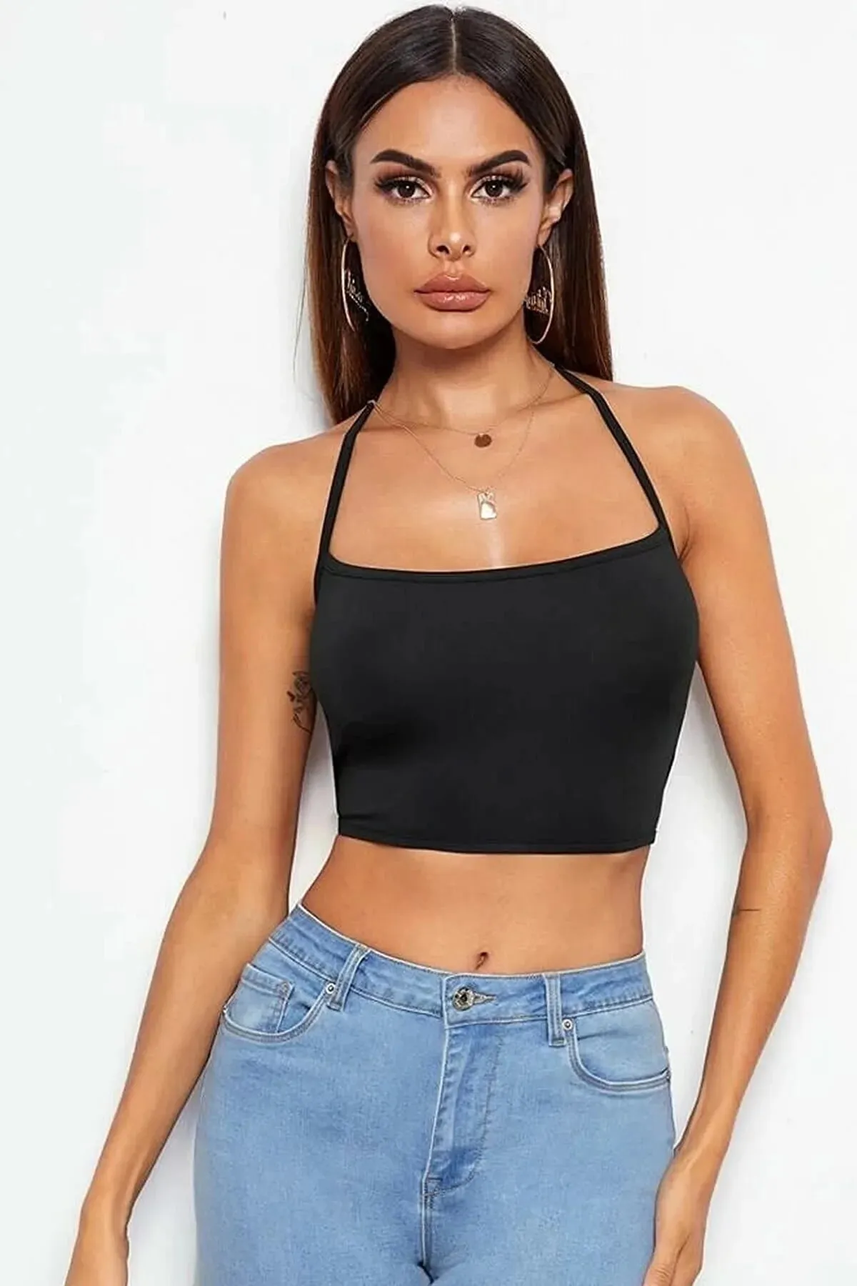 Tegan Kadın Sırtı Açık Siyah Belden Bağlamalı Crop Büstiyer TG275441
