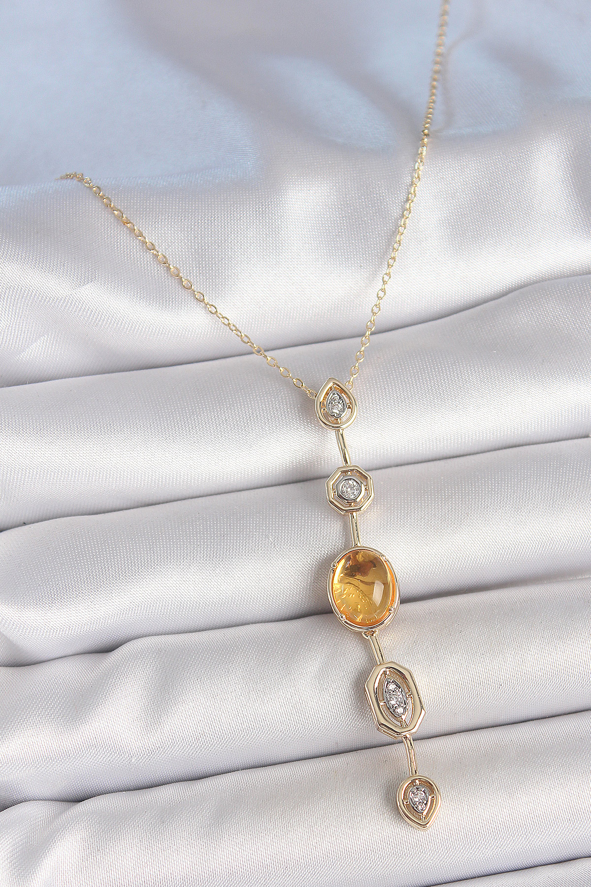 Tegan Pirinç Zincir Kehribar Sarı Gold Renk  Zirkon Taşlı Y Kolye TG27BKO10230