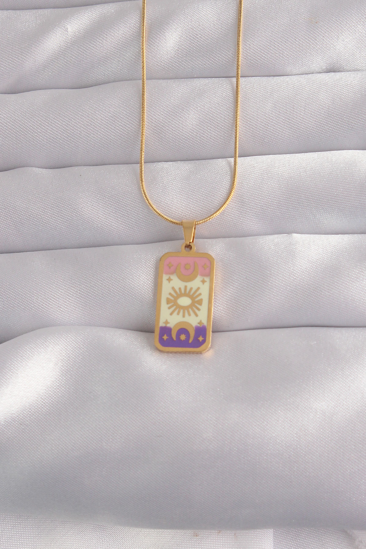 Tegan 316L Çelik Gold Renk Karışık Mineli Ay Figür Tarot Kolye TG27BKO9036