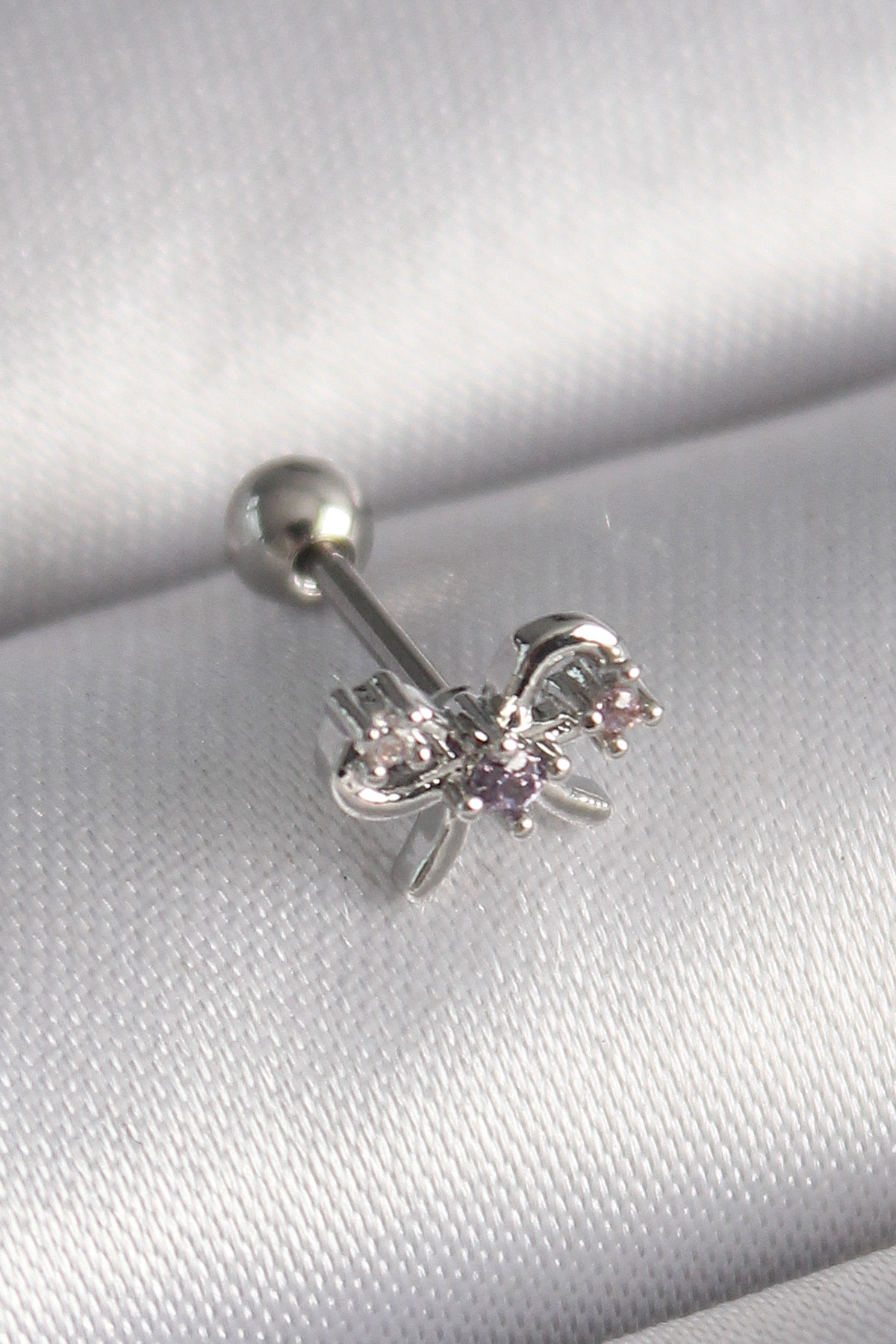 Tegan 316L Çelik Gümüş Renk Zirkon Taşlı Kurdele Tragus Piercing TG27PR1265