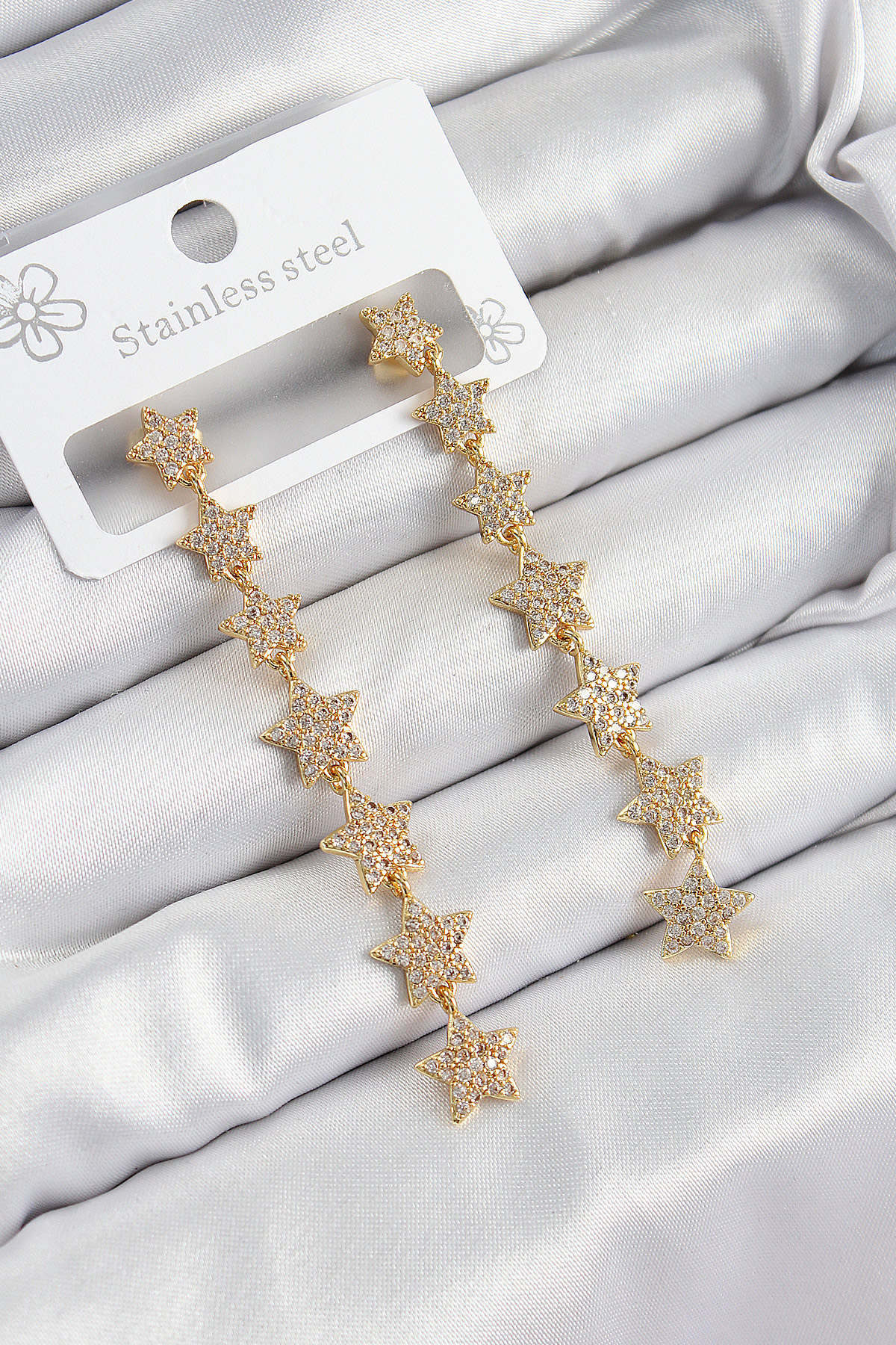 Tegan Pirinç Zirkon Taşlı Sallantılı Yıldız Model Gold Renk Kadın Küpe TG27BKP10912
