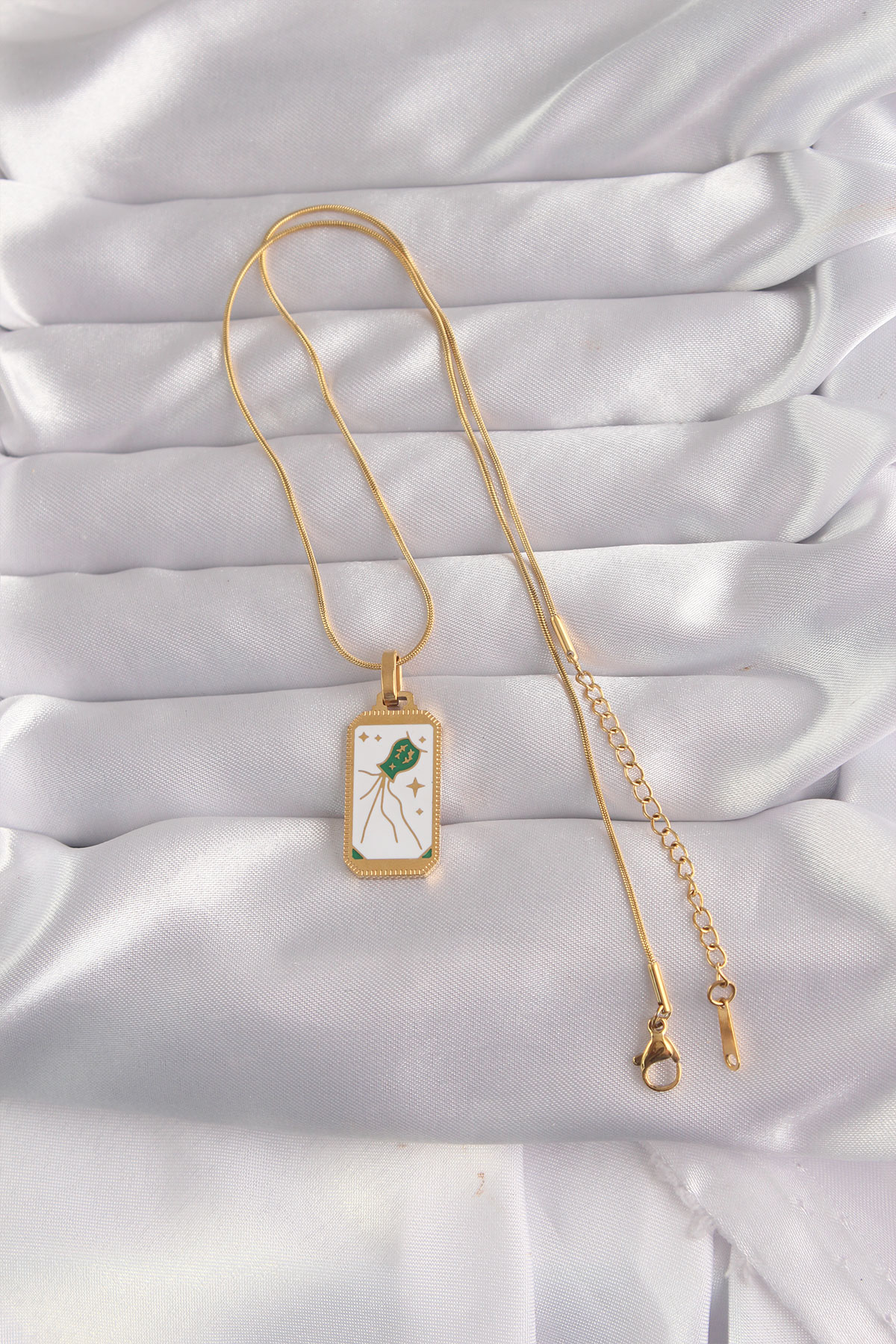 Tegan 316L Çelik Gold Renk Beyaz Mineli Tarot Kolye TG27BKO9039