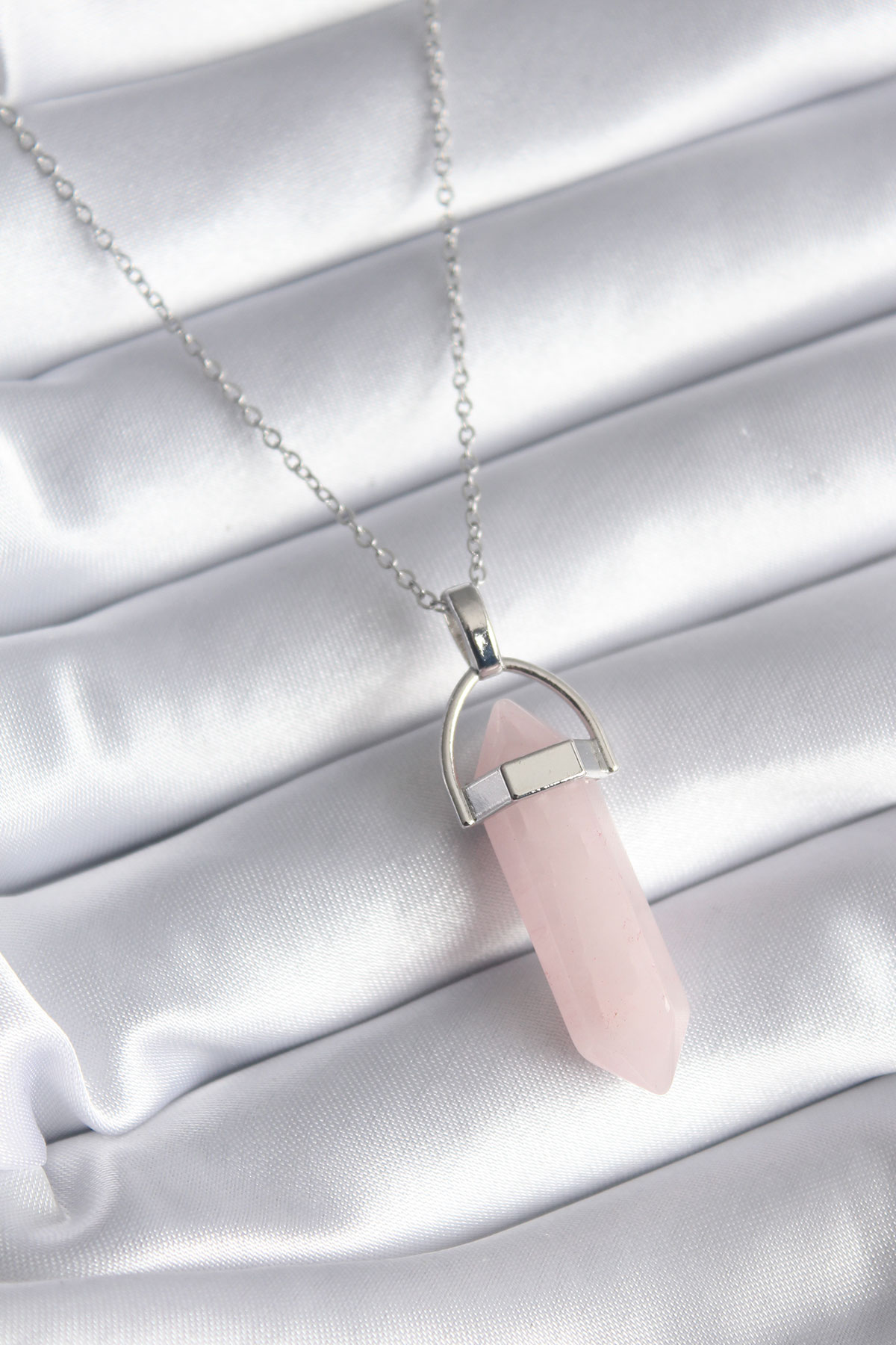Tegan 316L Çelik Gümüş Renk Pembe Taşlı Kadın Kolye TG27BKO8244