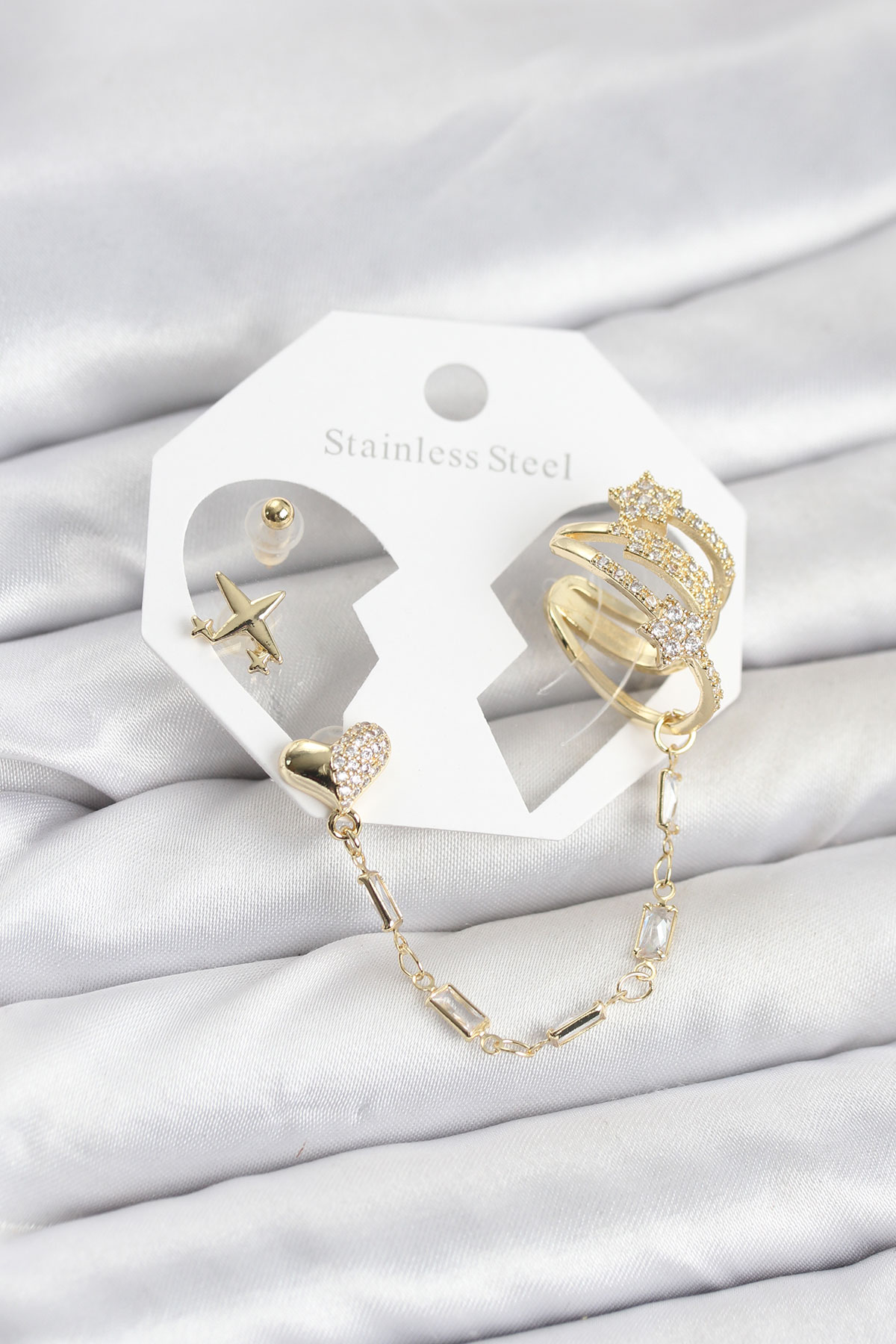 Tegan Kalp Yıldız Model Pirinç Gold Renk Zincir Bağlantılı Ear Cuff Küpe Seti TG27BKP11547