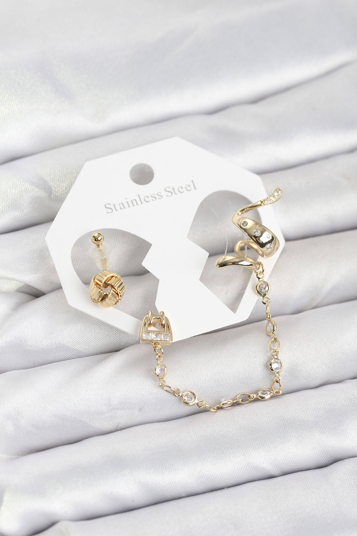 Tegan Pirinç Gold Renk Yılan Model Zincir Bağlantılı Ear Cuff Küpe Seti TG27BKP11532