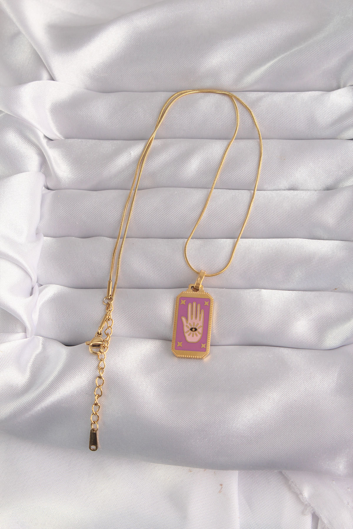 Tegan 316L Çelik Gold Renk Mor Mineli El Figür Tarot Kolye TG27BKO9034