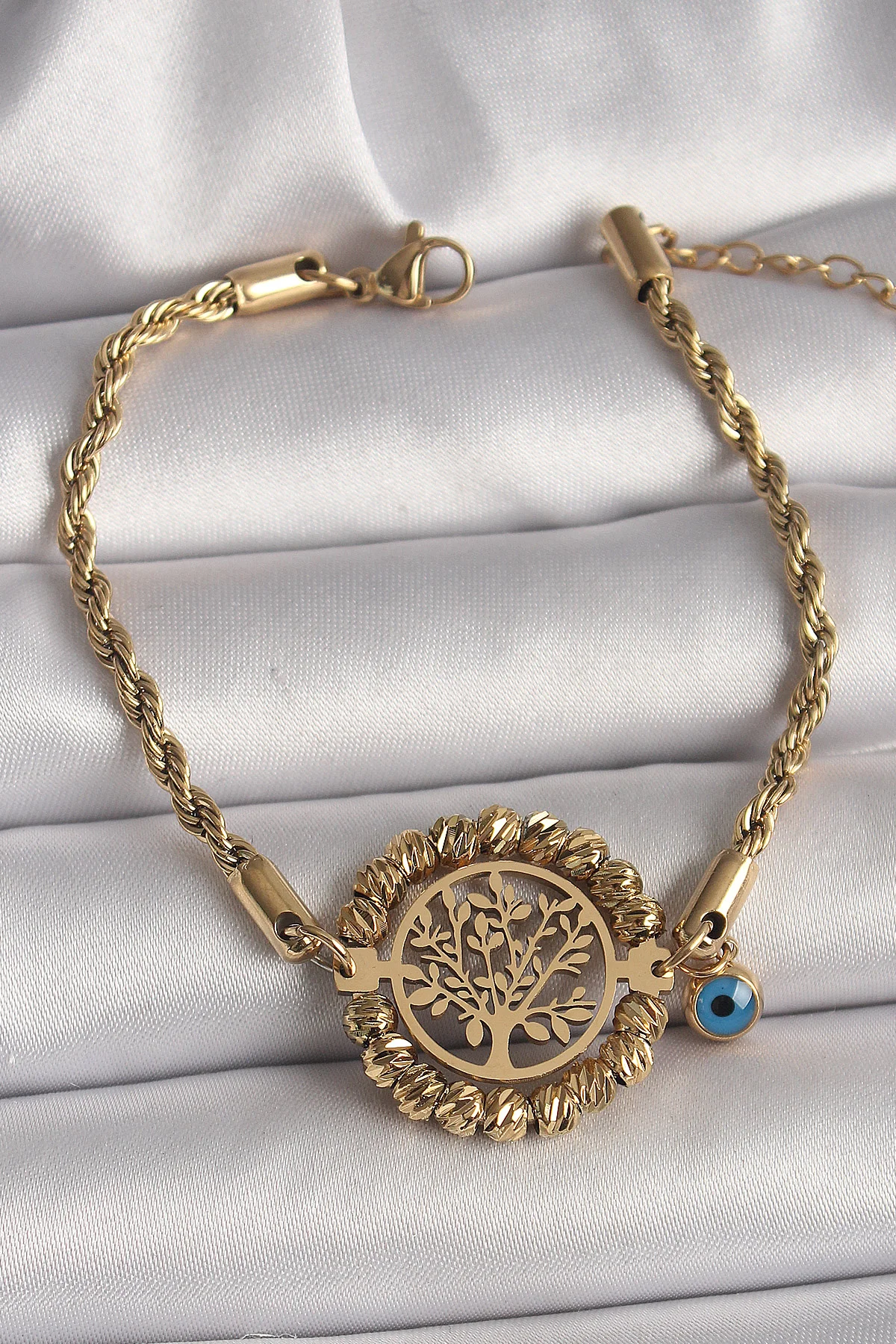 Tegan 316L Çelik Gold Renk Burgu Zincir Model Dorika Yaşam Ağacı Figür Nazar Boncuk Detay Kadın Bileklik TG27BB6784