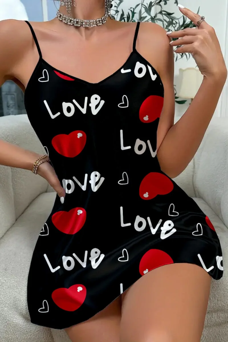 Tegan Love Desenli Siyah Saten Gecelik