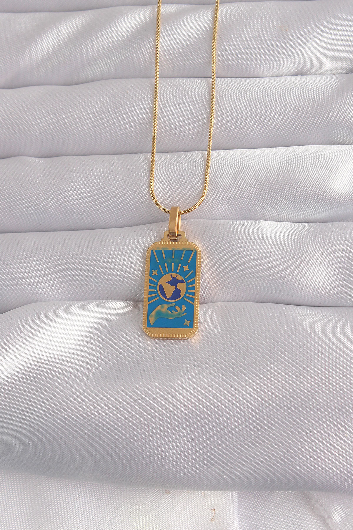 Tegan 316L Çelik Gold Renk Mavi Mineli El Figür Tarot Kolye TG27BKO9040