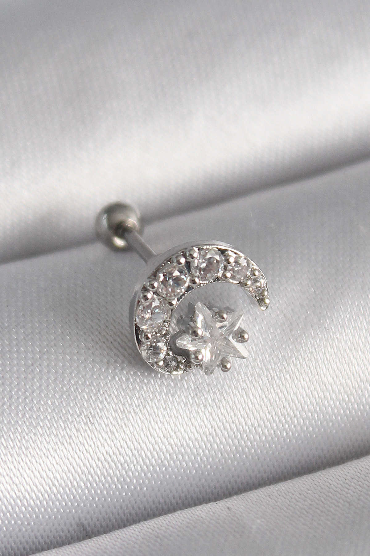 Tegan 316L Çelik Gümüş Renk Zirkon Taşlı Ay Yıldız Tragus Piercing TG27PR1257