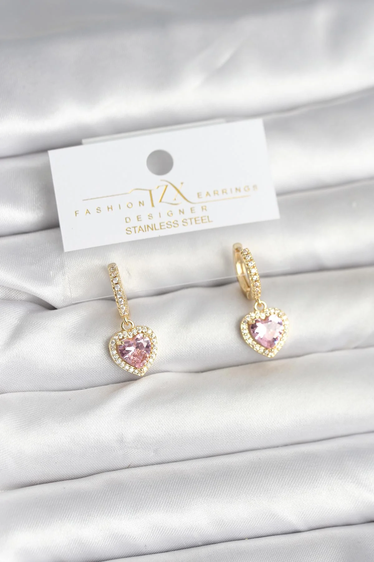 Tegan Pirinç Gold Pembe Renk Zirkon Taşlı Kalp Model Kadın Küpe TG27BKP11393